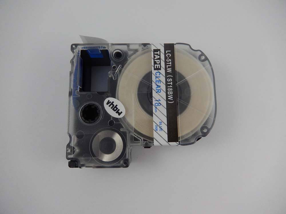 vhbw Schriftband-Kassette kompatibel mit Epson OK200, LW-400, LW-900P, LW-500, LM-700 Etiketten-Drucker 8m x 18mm Blau auf Transparent, Kunststoff