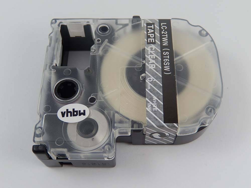 vhbw Schriftband-Kassette kompatibel mit Epson OK720, OK500P, OK900P Etiketten-Drucker 8m x 6mm Weiß auf Transparent