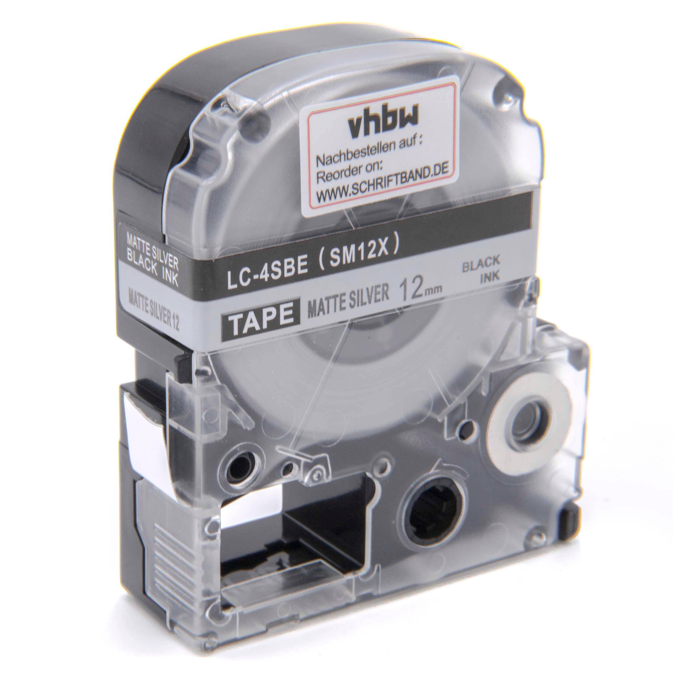 vhbw Schriftband-Kassette kompatibel mit Epson LW-400 | LW-300, LW-500, LM-700 Etiketten-Drucker 8m x 12mm Schwarz auf Matt-Silber, Kunststoff
