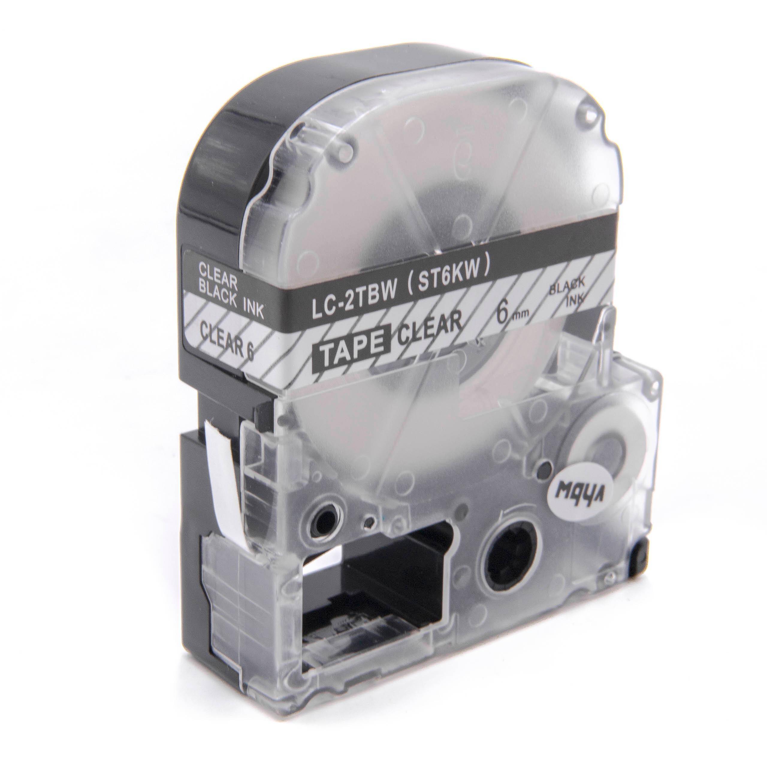 vhbw Schriftband-Kassette kompatibel mit KingJim SR-PBW1, SR-RK1, SR6700D, SR750, SR950 Etiketten-Drucker 8m x 6mm Schwarz auf Transparent