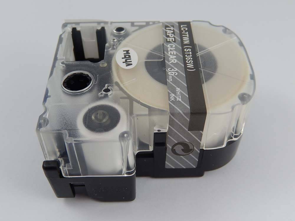 vhbw Schriftband-Kassette kompatibel mit KingJim SR3900C, SR3900P, SR750, SR950 Etiketten-Drucker 8m x 36mm Weiß auf Transparent