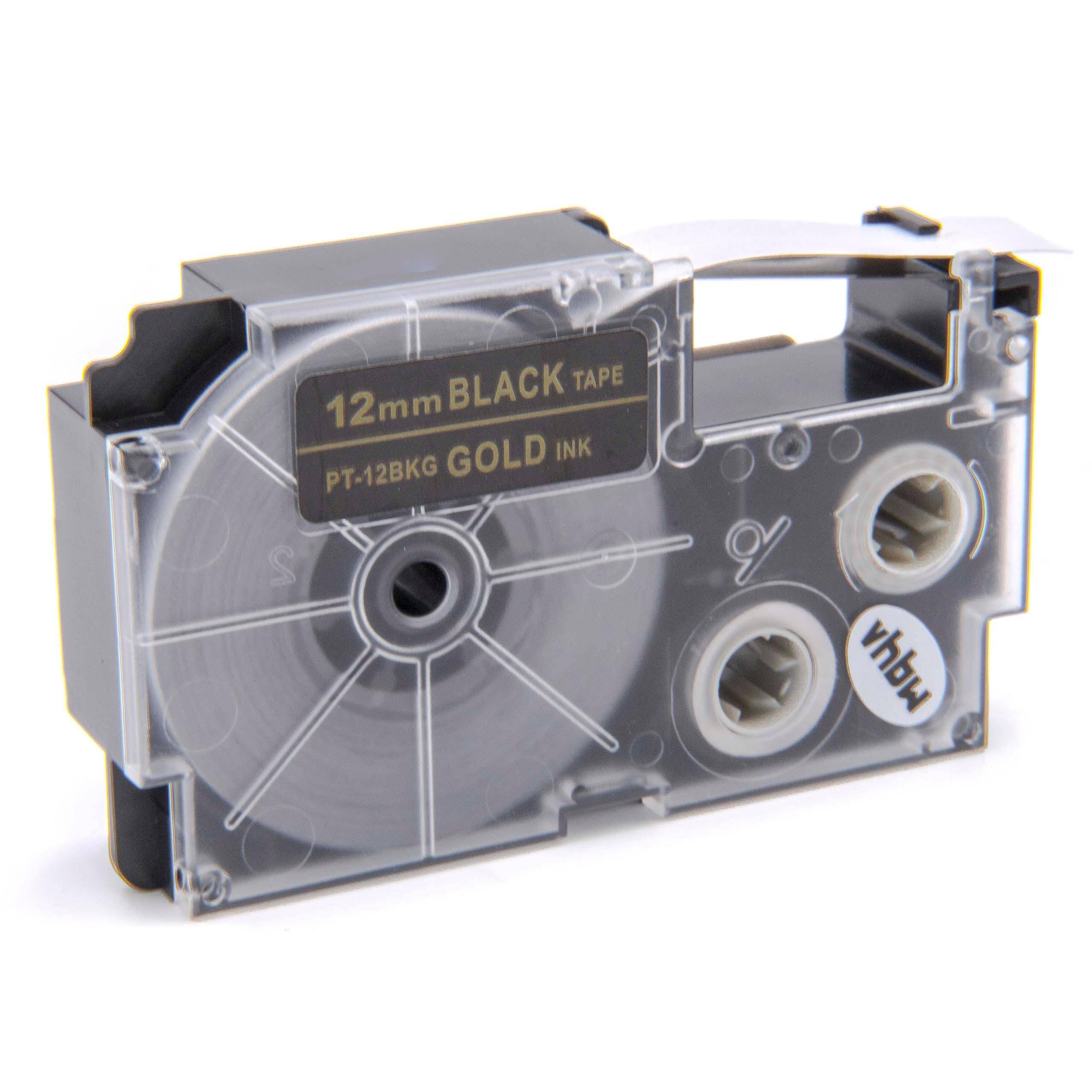 vhbw Schriftband-Kassette kompatibel mit Casio KL-200 | KL-130, KL-100E, KL-120, KL-1500, CW-L300 Etiketten-Drucker 8m x 12mm Gold auf Schwarz