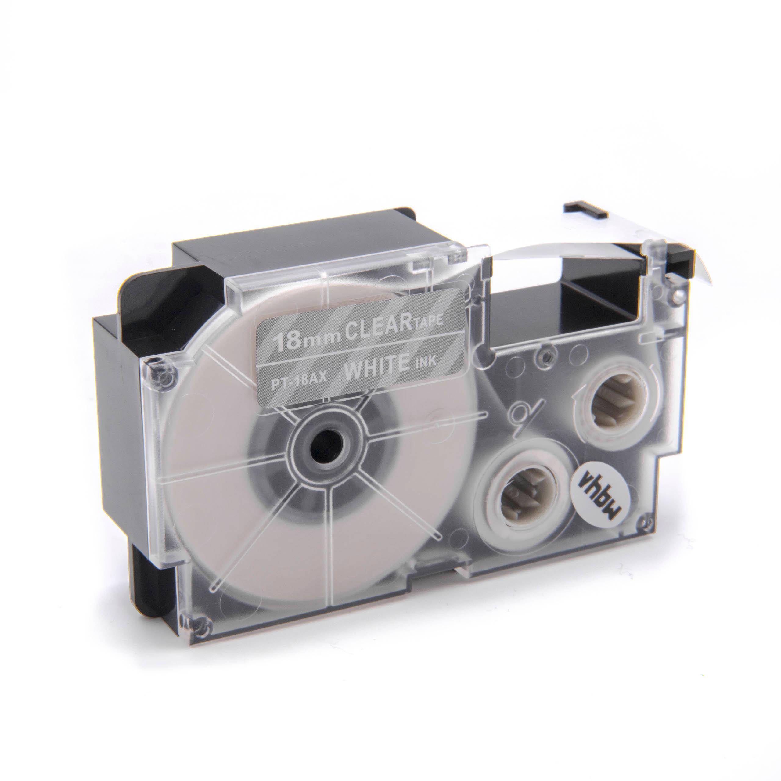 vhbw Schriftband-Kassette kompatibel mit Casio KL-C500, KL-8200, KL-820, KL-HD1, KL-G2 Etiketten-Drucker 8m x 18mm Weiß auf Transparent, pet+ RESIN