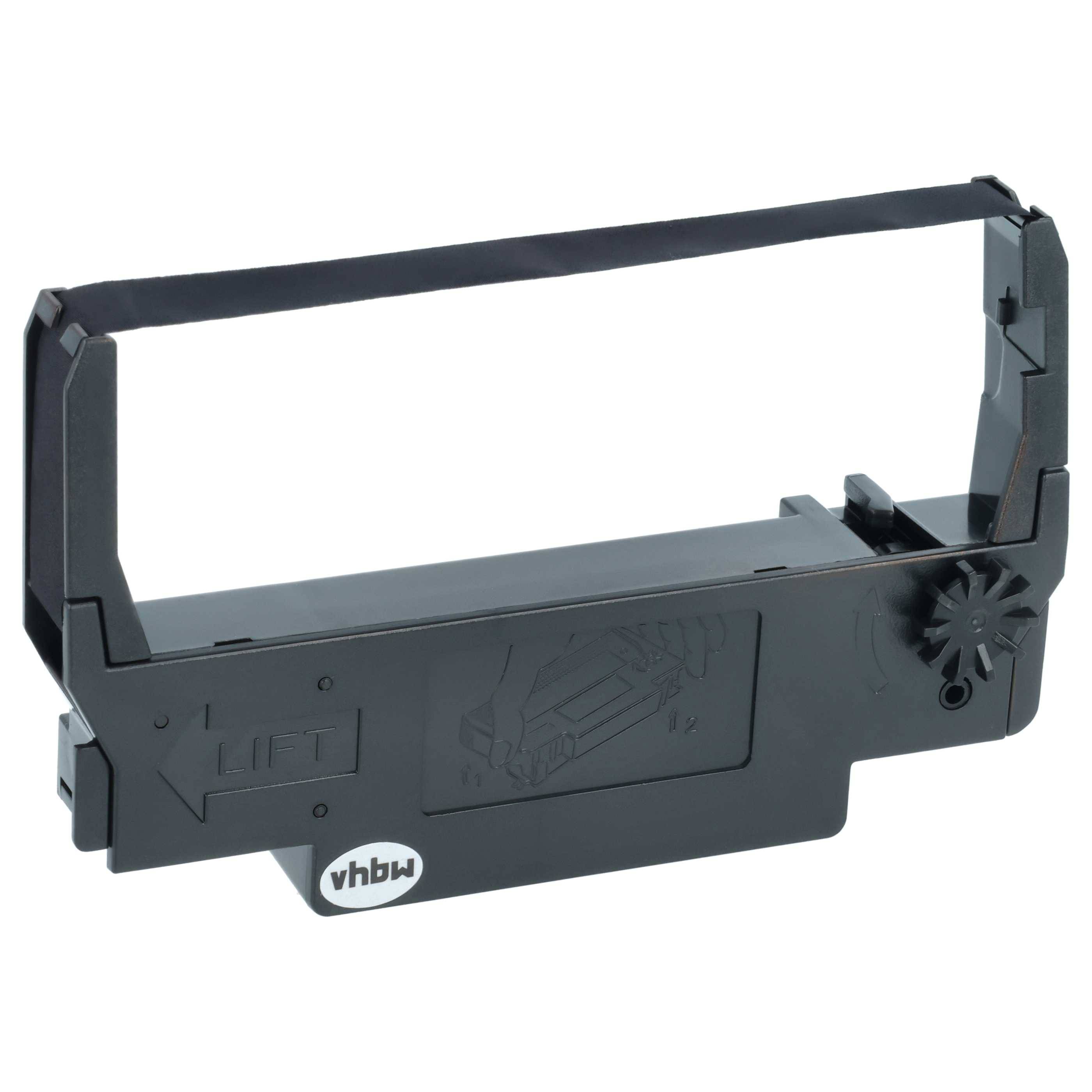 Schwarze Druckerband-Patrone mit weißem Etikett, isoliert auf weißem Hintergrund dargestellt.