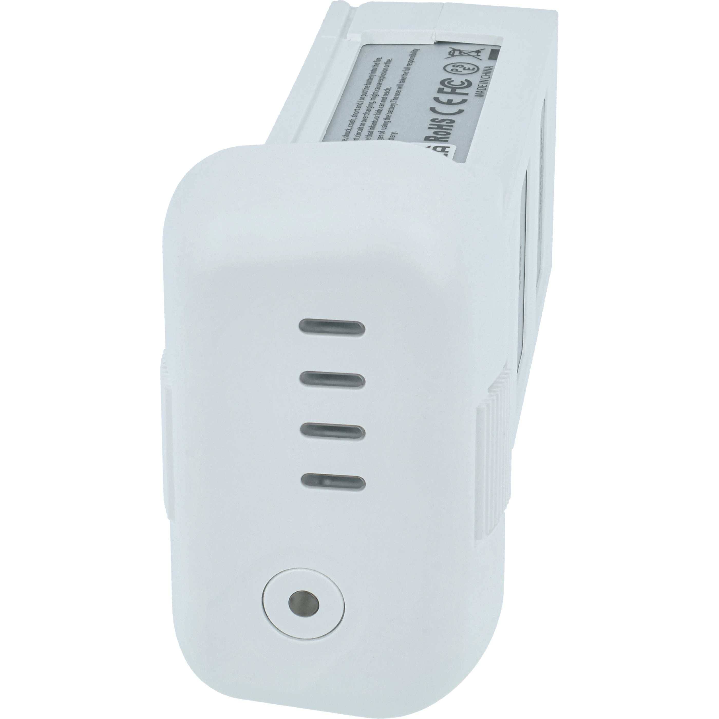 Ein weißer rechteckiger Drohnen-Akku mit vier Anzeigelichtern und einem Knopf, entwickelt für DJI Phantom-Modelle.