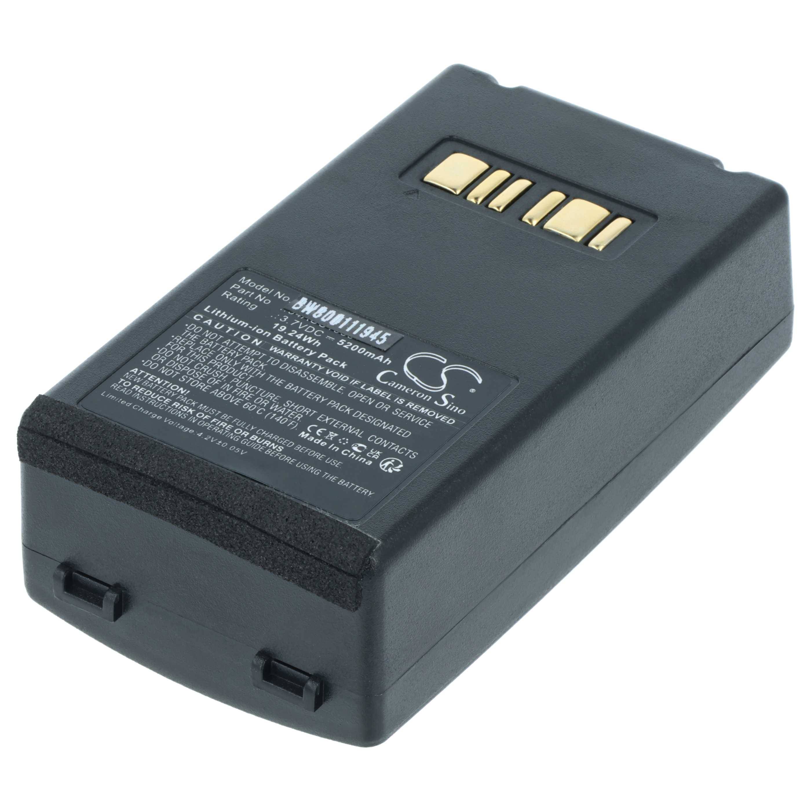 Lithium-Ionen-Akkupack mit Etikett, das Modellnummer, Kapazität und Spezifikationen zeigt. Die Oberseite verfügt über vier goldene Anschlüsse.