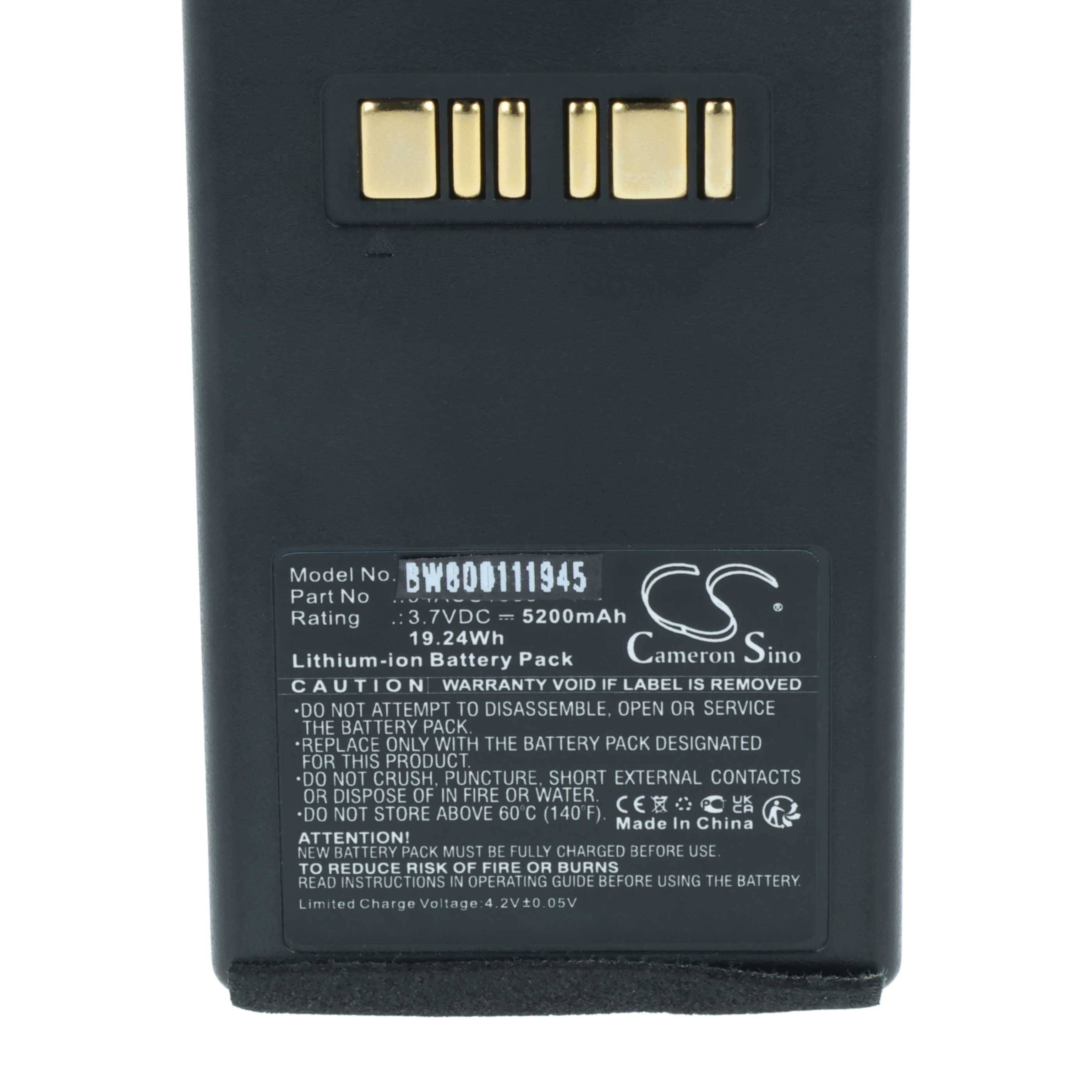 Rechteckiger Lithium-Ionen-Akku mit der Modellnummer 'BW800111945', 11,1V, 5200mAh Kapazität. Sicherheitshinweise und Warnaufkleber sichtbar.