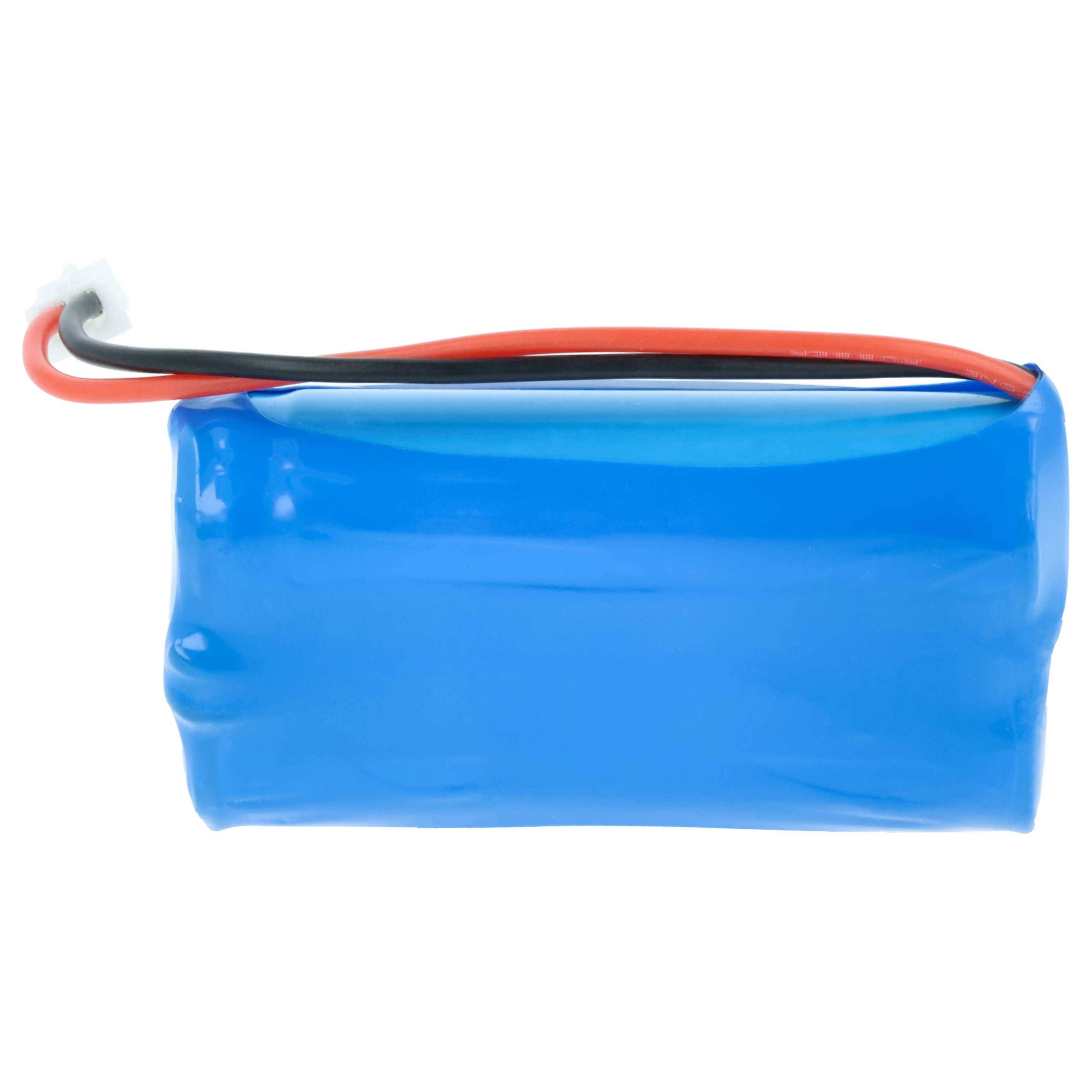 Ein blauer rechteckiger Batterieblock mit roten und schwarzen Drähten, die von der Oberseite abstehen.