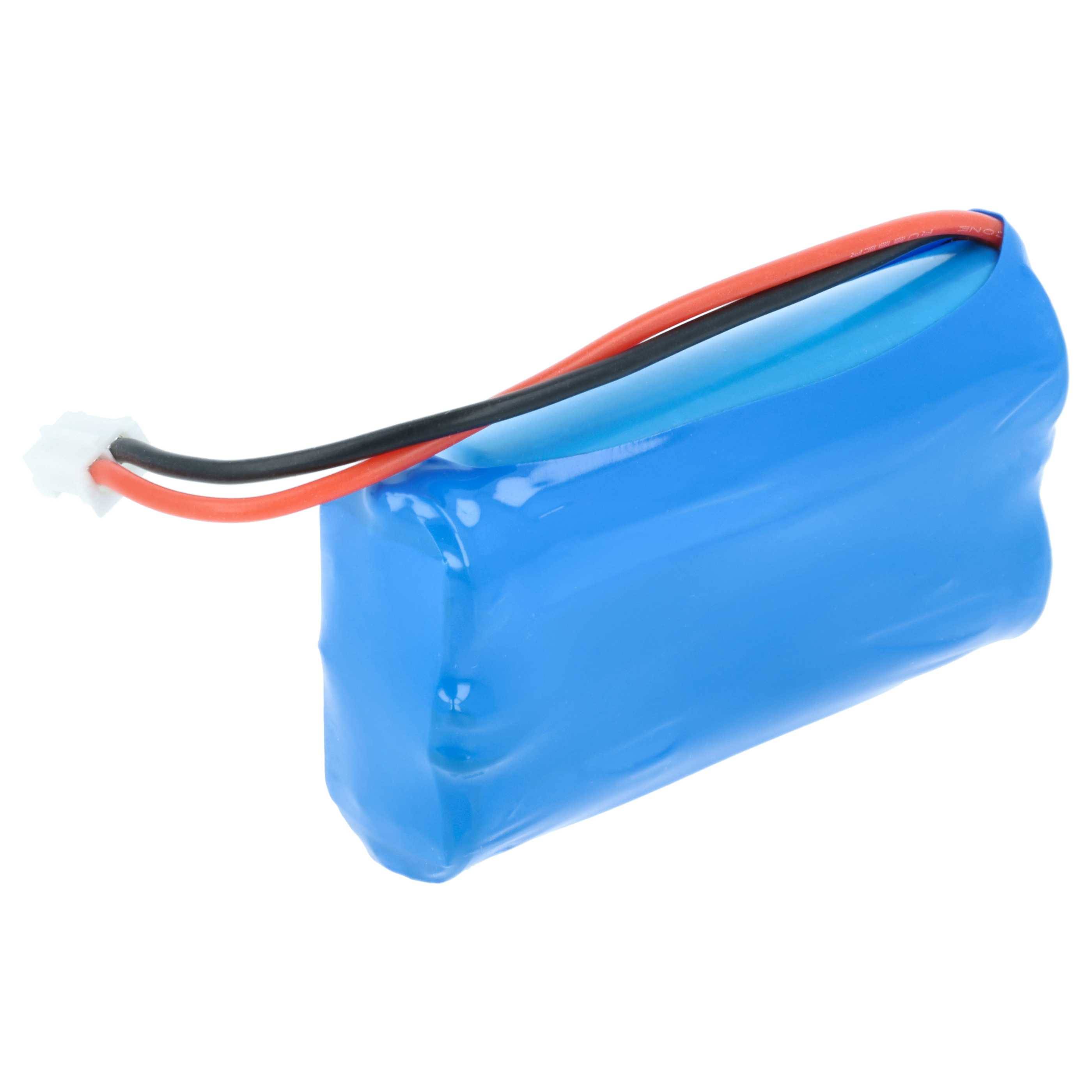 Ein blauer wiederaufladbarer Batteriepack mit roten und schwarzen Drähten, die von einer Seite herausragen, wird zum Betreiben elektronischer Geräte verwendet.