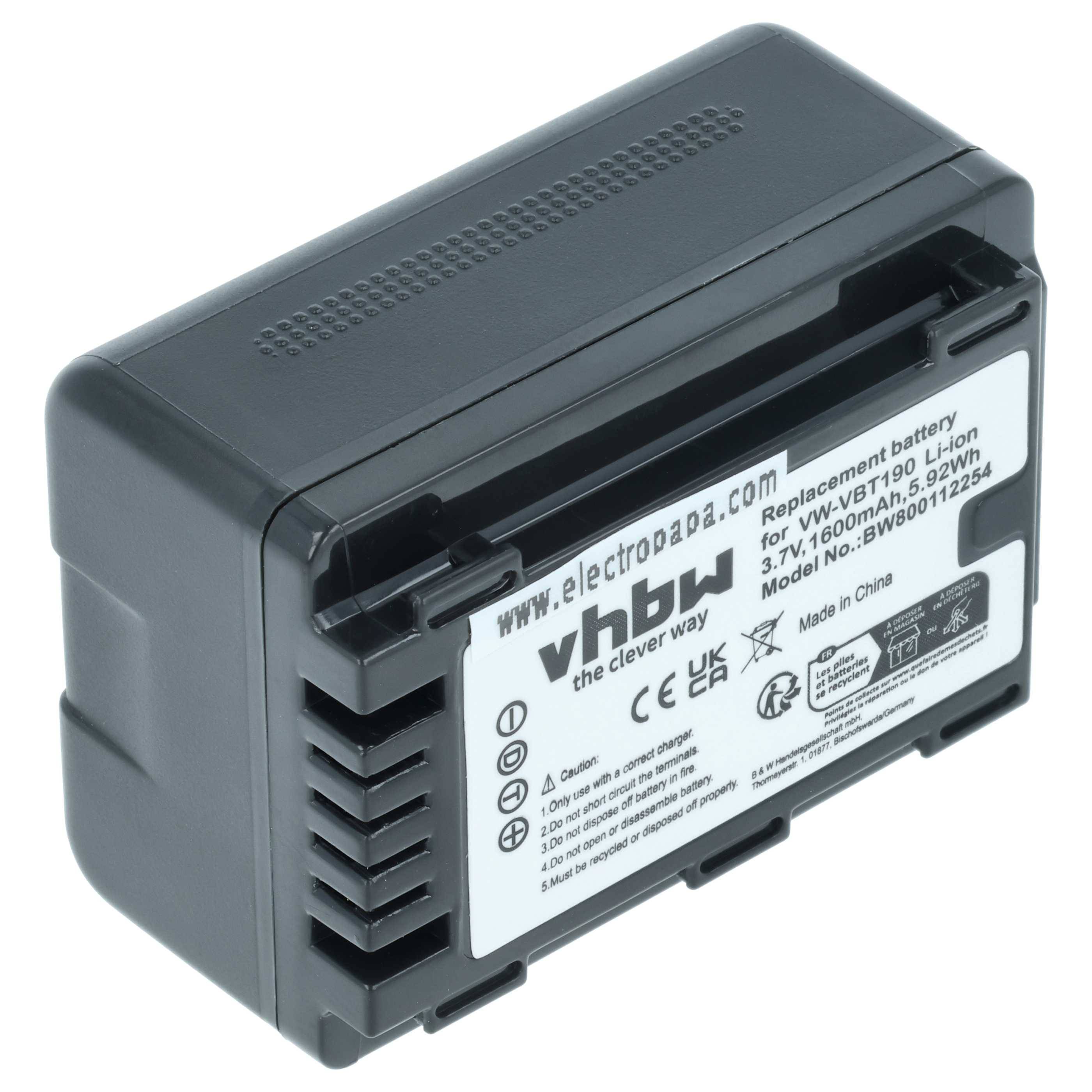 Ersatzbatterie für Panasonic VW-VBT190, 11,4V, 850mAh, 9,7Wh, von vhbw, schwarz mit beschrifteten Seiten.