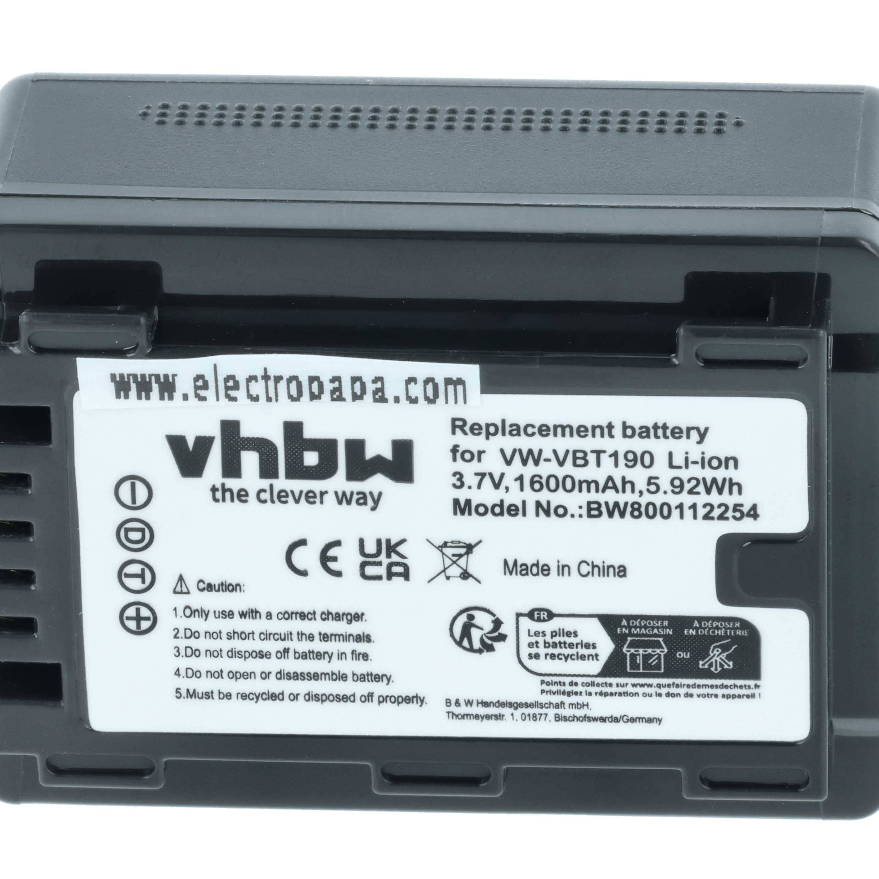 Ersatzbatterie für VW-VBT190 Li-Ionen, 3,7V, 1600mAh, 5,92Wh. Hergestellt von vhbw. Enthält Sicherheitszeichen und Zertifizierungen.
