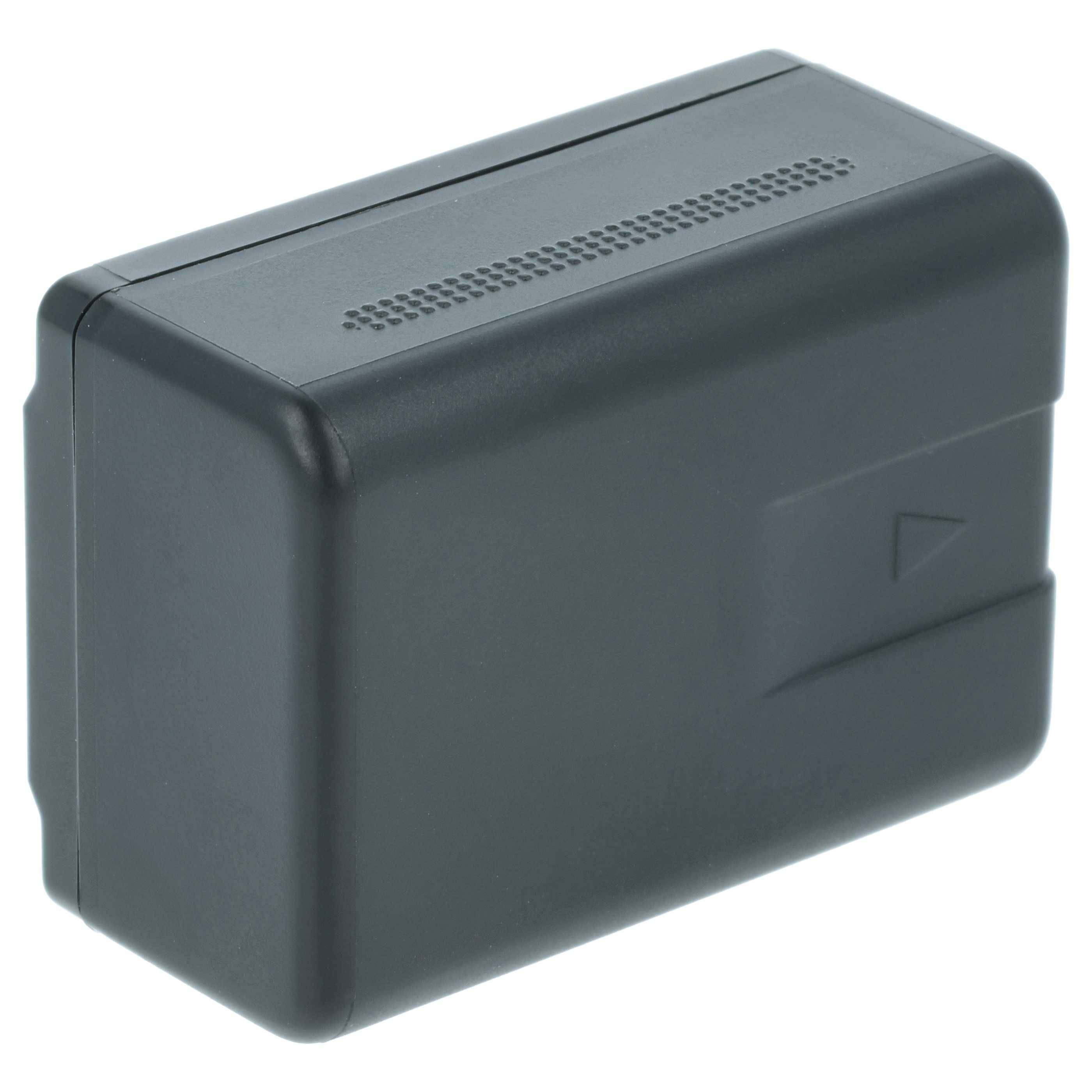 Ein schwarzes rechteckiges Batteriepak mit einer strukturierten Seite und einer subtilen Pfeilmarkierung auf einer Fläche.