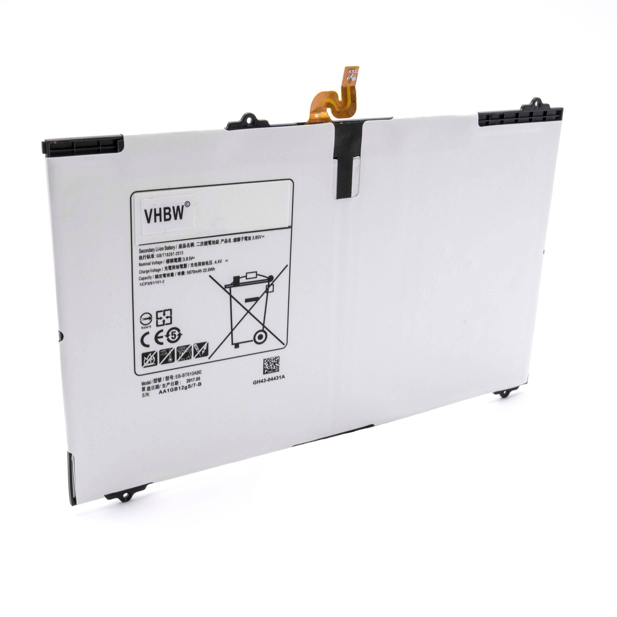 Eine flache, rechteckige Lithium-Ionen-Batterie mit Produktetikett, Sicherheitssymbolen und einem kleinen Anschluss oben.