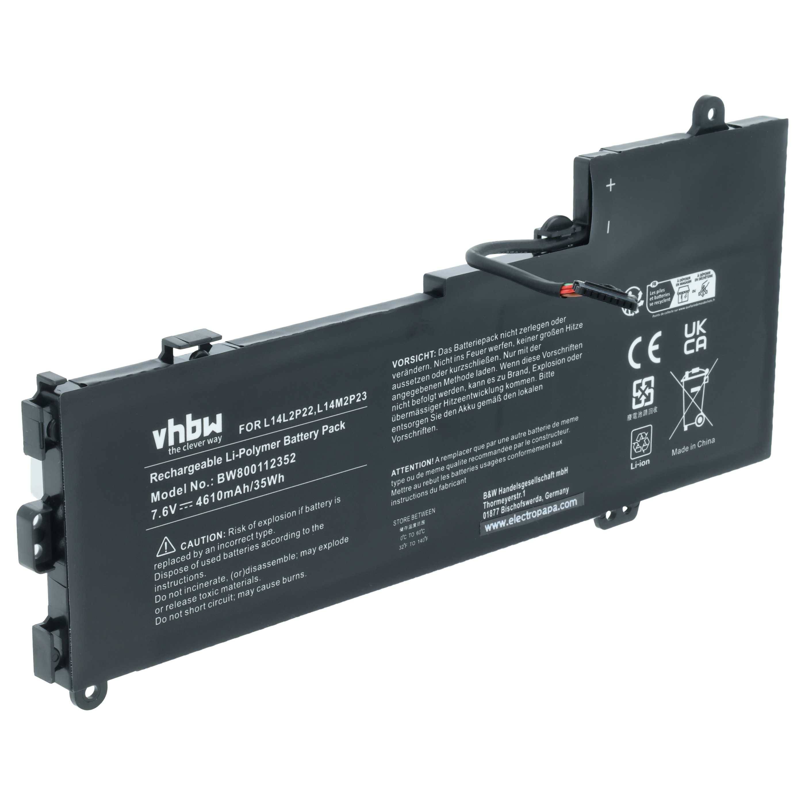 Ein rechteckiger schwarzer wiederaufladbarer Li-Polymer-Akkupack mit technischen Spezifikationen und Sicherheitswarnungen, mit einer Nennspannung von 7,6V und 48Wh.