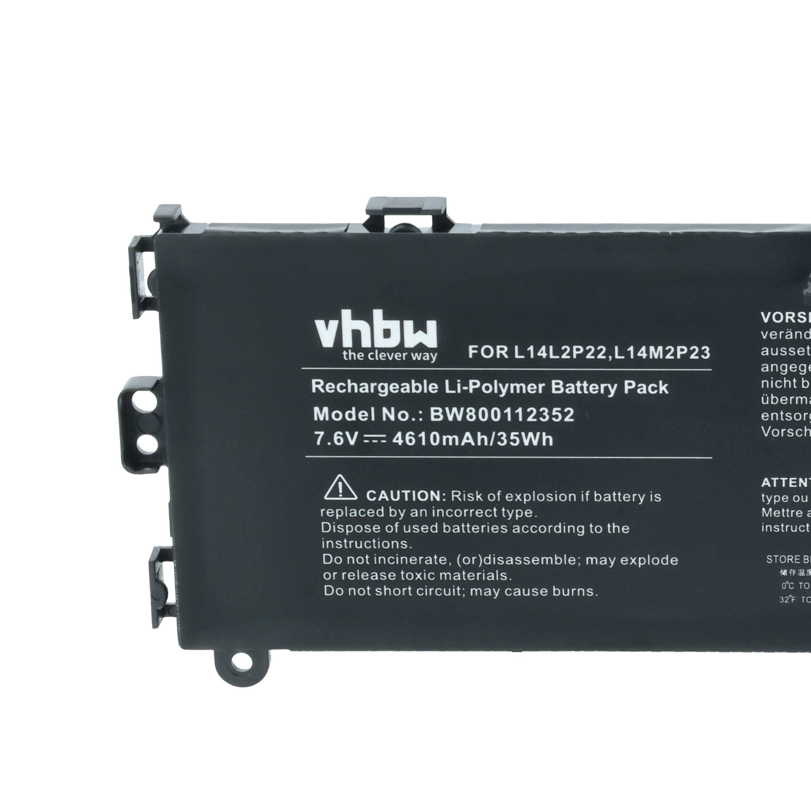 Wiederaufladbares Li-Polymer-Akkupack, Modell BW800112353. Technische Daten: 7,6V, 4610mAh, 35Wh. Enthält Sicherheits- und Bedienungshinweise.