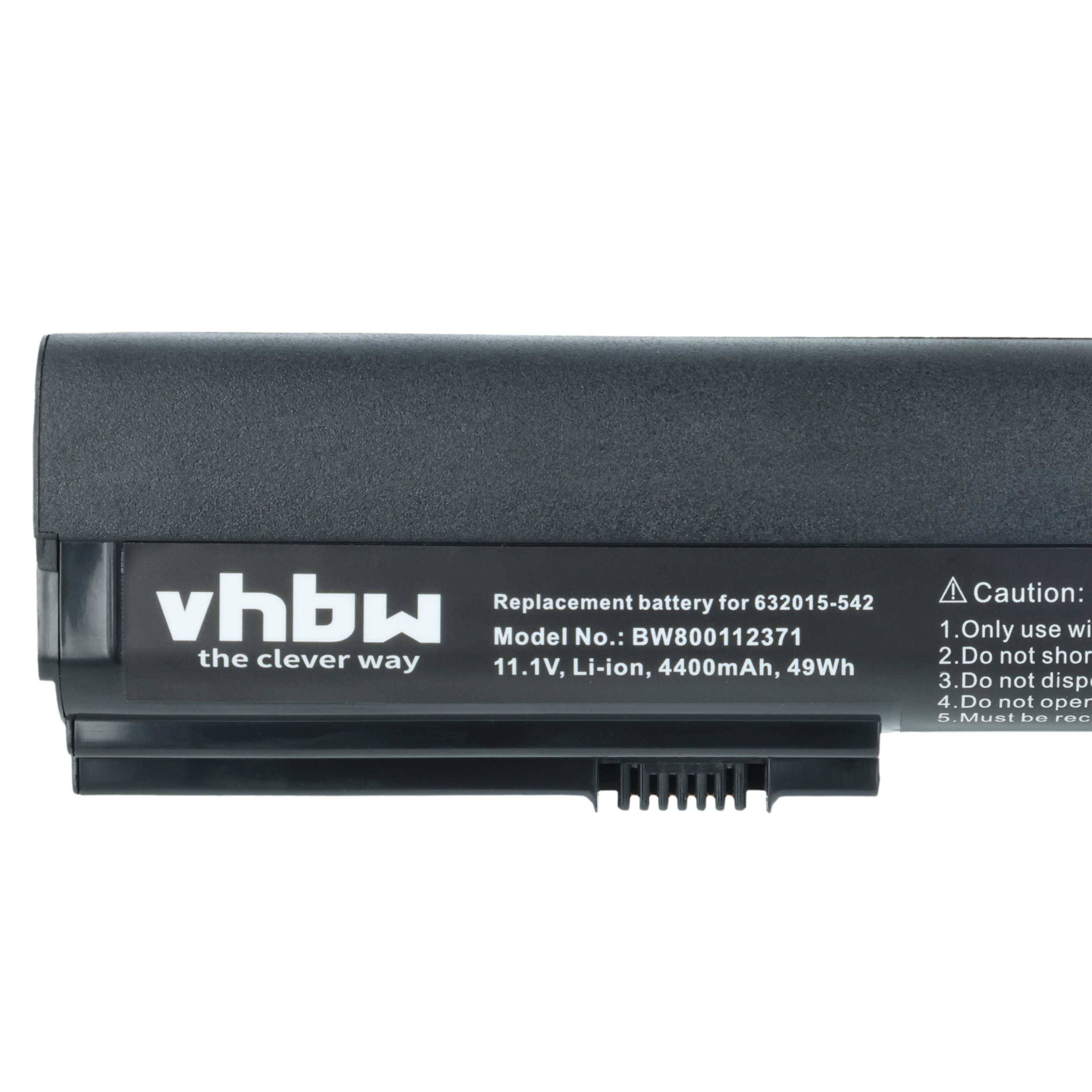 Laptop-Akku mit Modellnummer BW800112371, 11,1V, 4400mAh Kapazität. Enthält Warnhinweise und Markenname 'vhbw'.