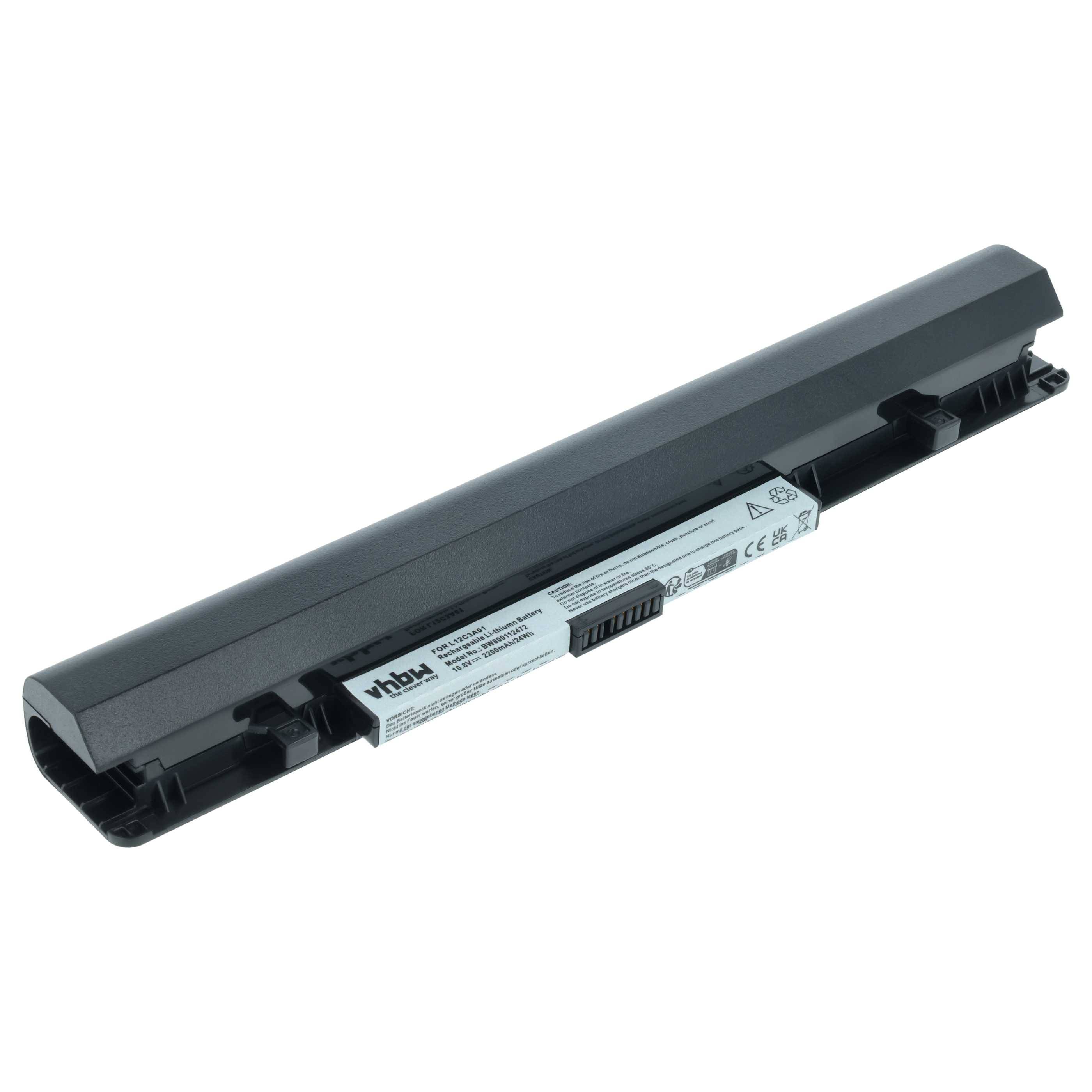 Ein Laptop-Akku mit rechteckiger Form und schwarzem Gehäuse, auf dem ein sichtbares Etikett mit technischen Spezifikationen und Sicherheitssymbolen angebracht ist.