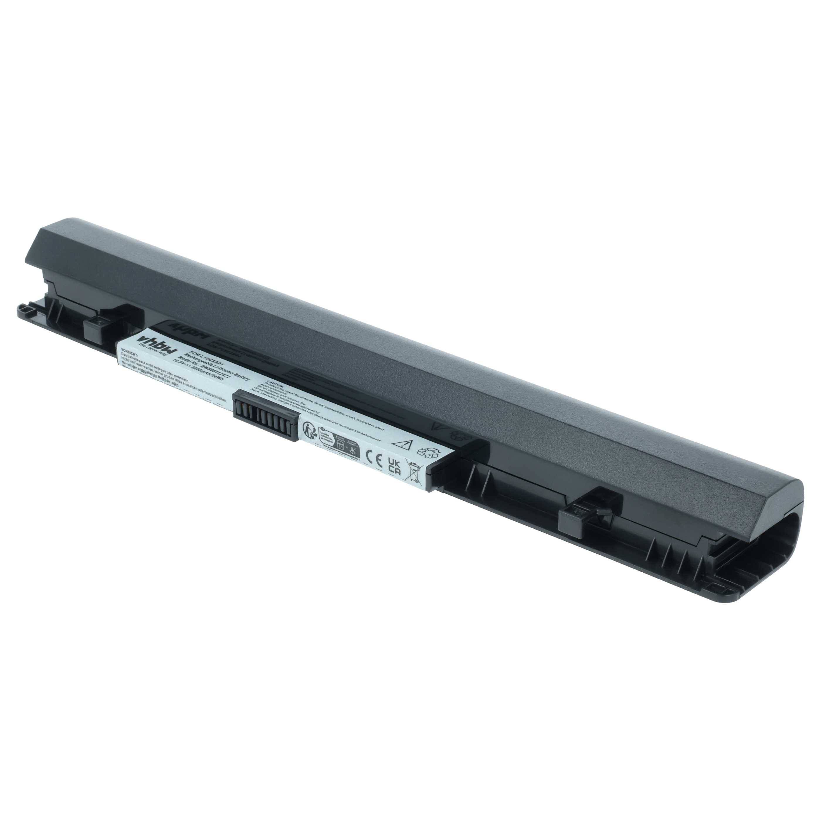 Eine schwarze Laptop-Batterie mit sichtbaren Anschlüssen und Etikettendetails, die für ein bestimmtes Laptop-Modell entwickelt wurde, auf einem weißen Hintergrund.