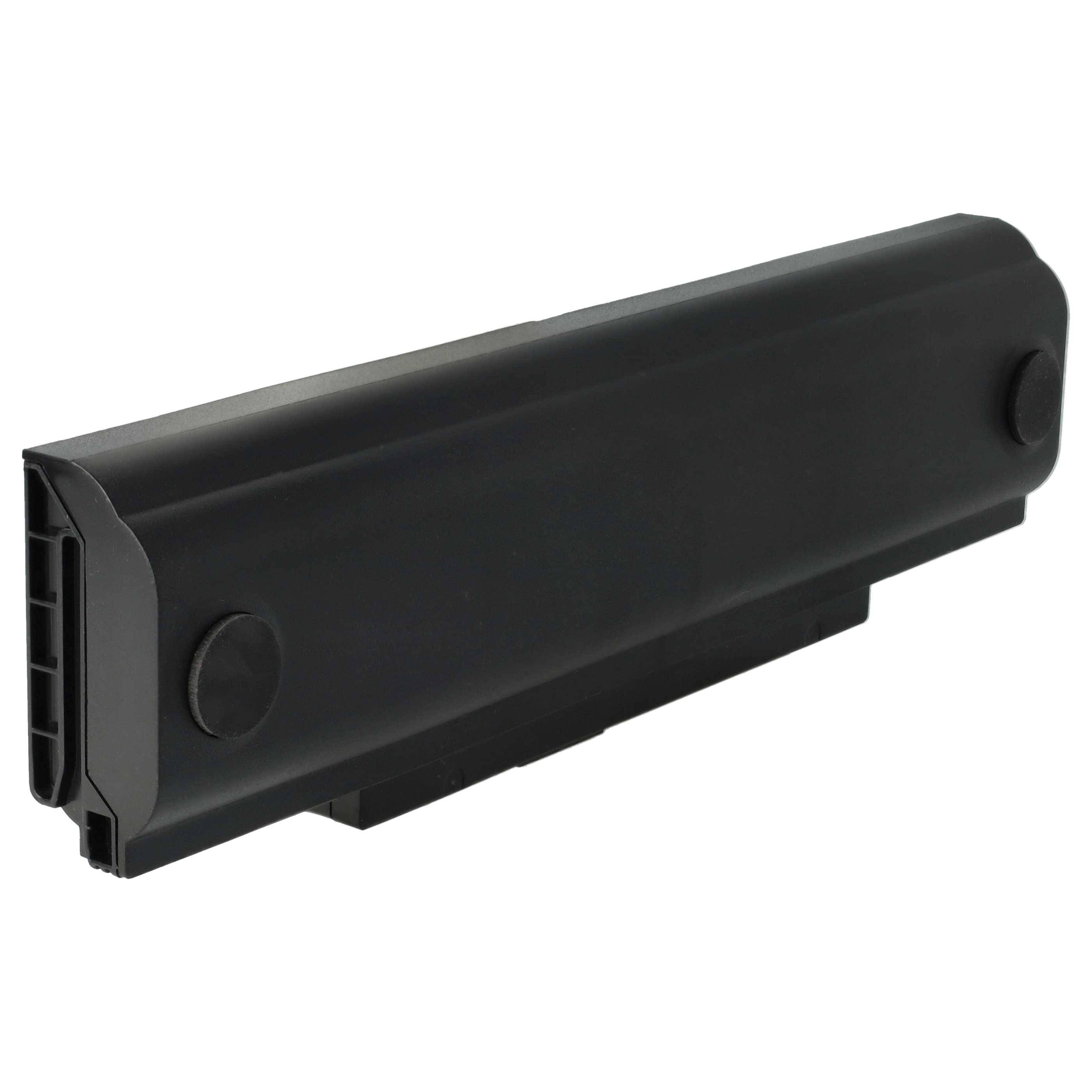 Eine schwarze Laptop-Batterie mit rechteckiger Form und abgerundeten Kanten.