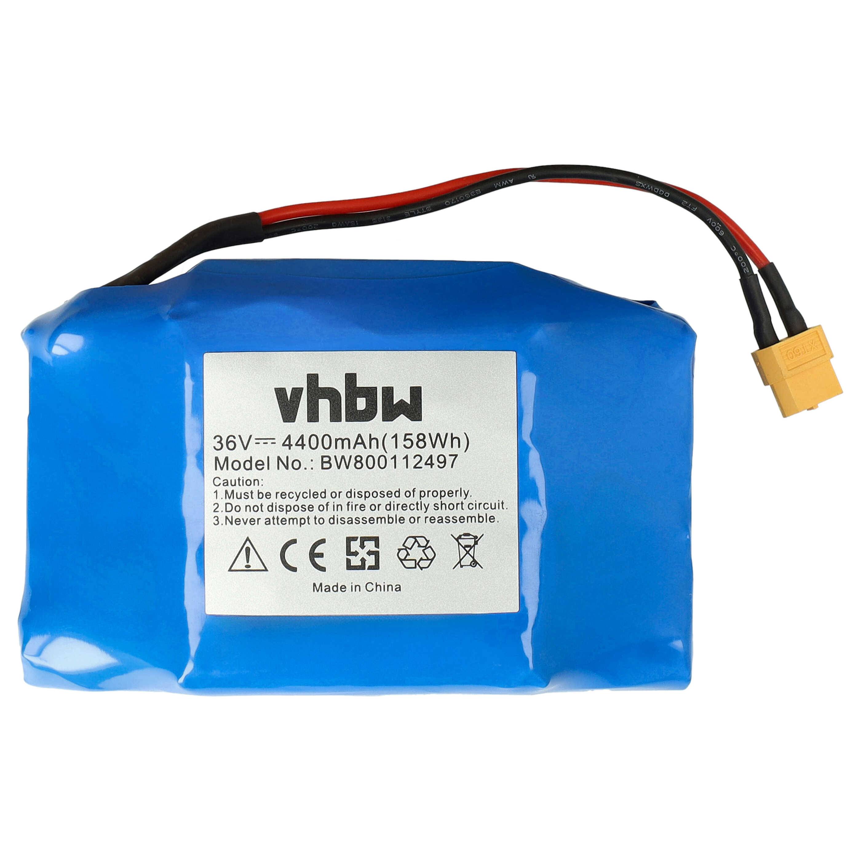 Blauer vhbw 36V 4400mAh wiederaufladbarer Akku mit angebrachtem Stromstecker und Sicherheitsetikett.