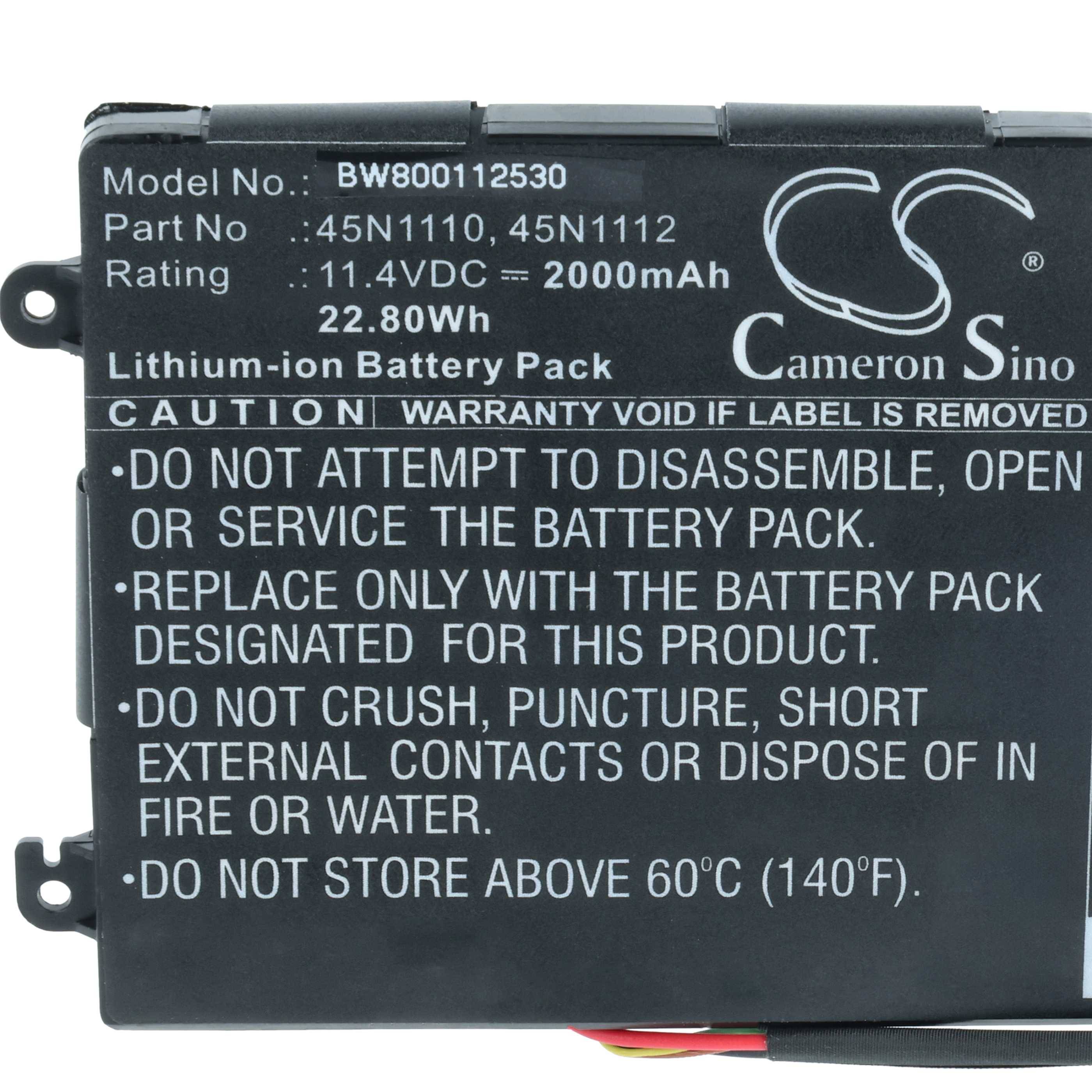 Batterie-Pack mit Spezifikationen: Modell BW8000112530, 11,4V DC, 2000mAh. Warnung: Nicht zerlegen, kurzschließen oder Feuer oder Wasser aussetzen.