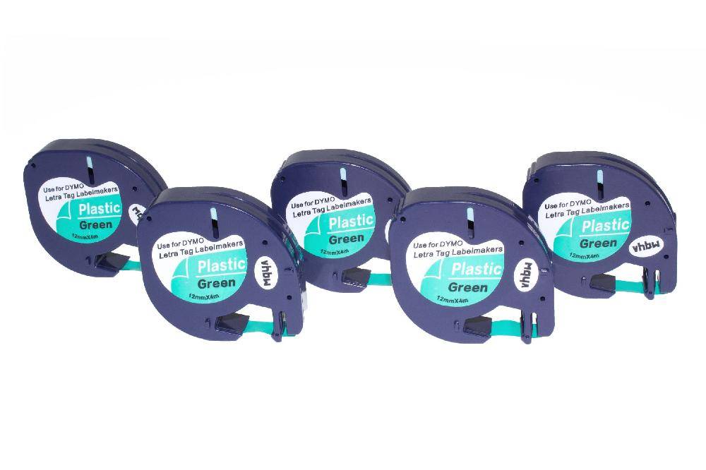vhbw 5x Schriftband-Kassette kompatibel mit Dymo LetraTag LT-100H, 2000, LT-100T, Plus LT-100H, 200B Etiketten-Drucker 4m x 12mm Schwarz auf Grün