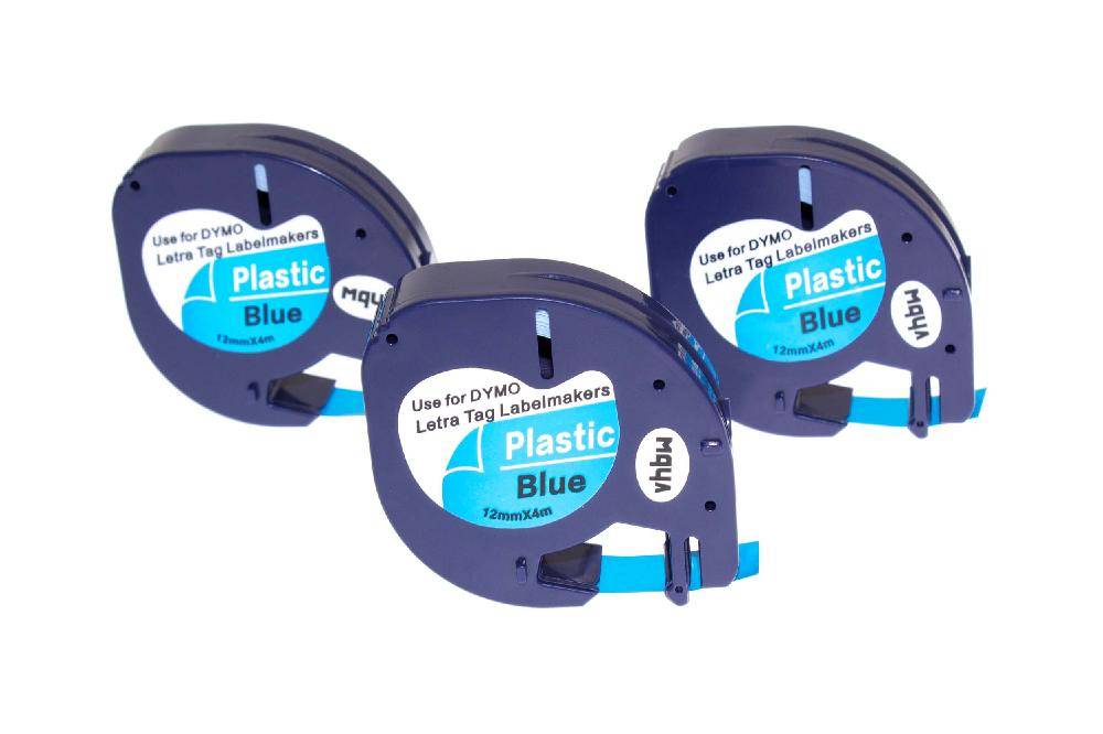 vhbw 3x Schriftband-Kassette Plastik kompatibel mit Dymo LetraTag LT-100H | 2000, LT-100T, 200B Etiketten-Drucker 4m x 12mm Schwarz auf Blau