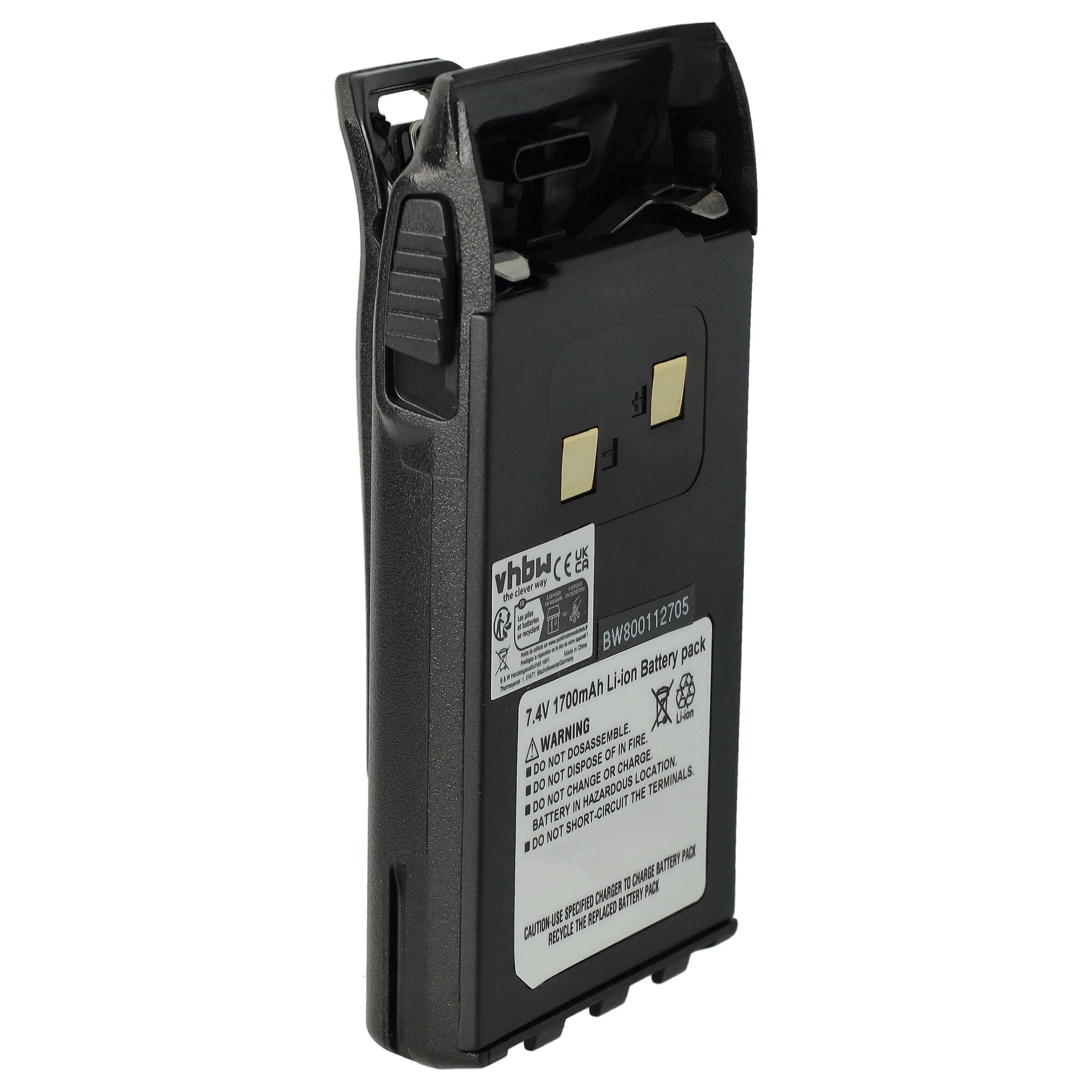 vhbw 1x Akku kompatibel mit Dynascan DB-48 Funkgerät, Walkie Talkie (1700 mAh, 7,4 V, Li-Ion) + Gürtelclip