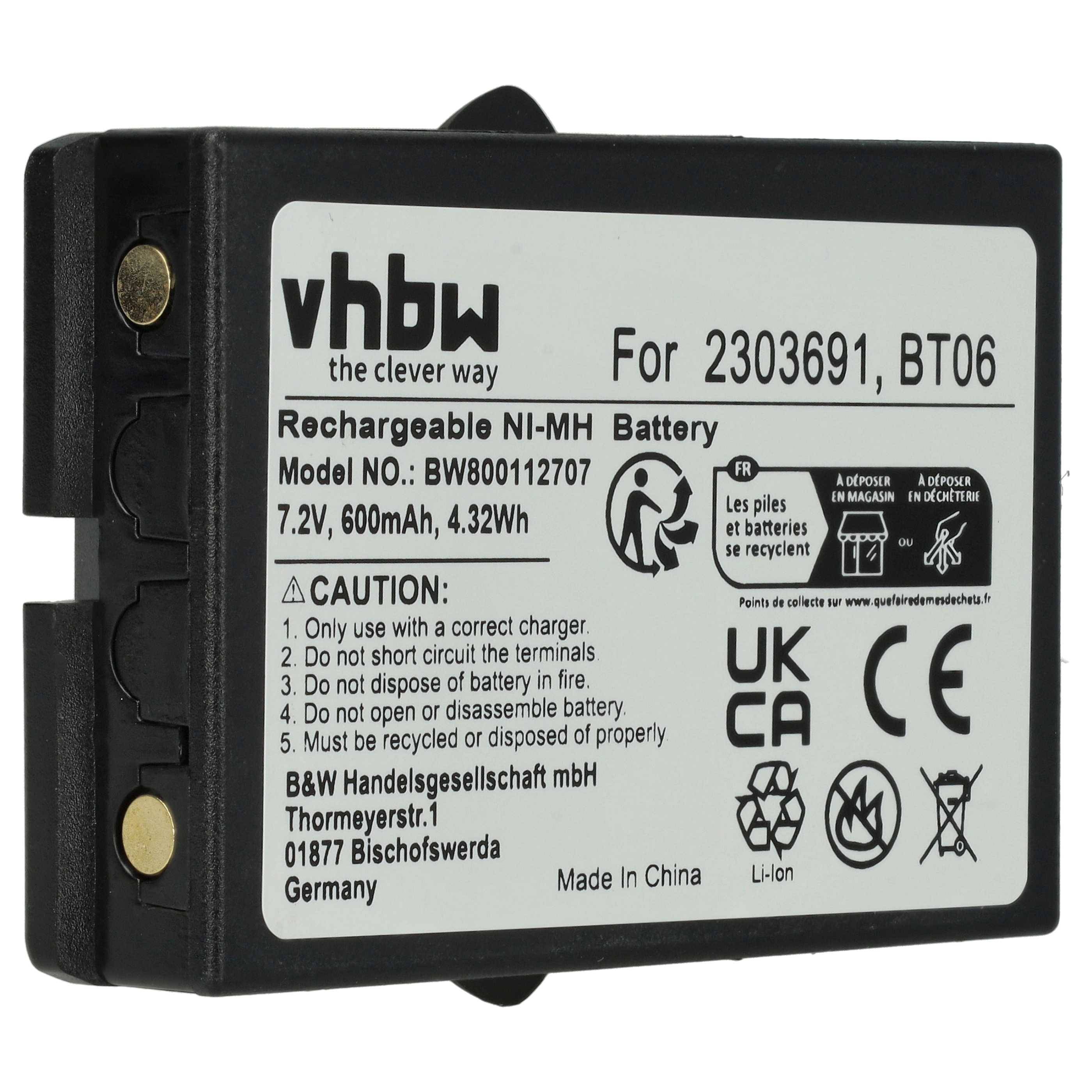 Wiederaufladbarer Ni-MH-Akku mit der Bezeichnung 'vhbw' und der Modellnummer BW800112707. Die technischen Daten umfassen 7,2V, 600mAh, 4,32Wh. Hergestellt in China.