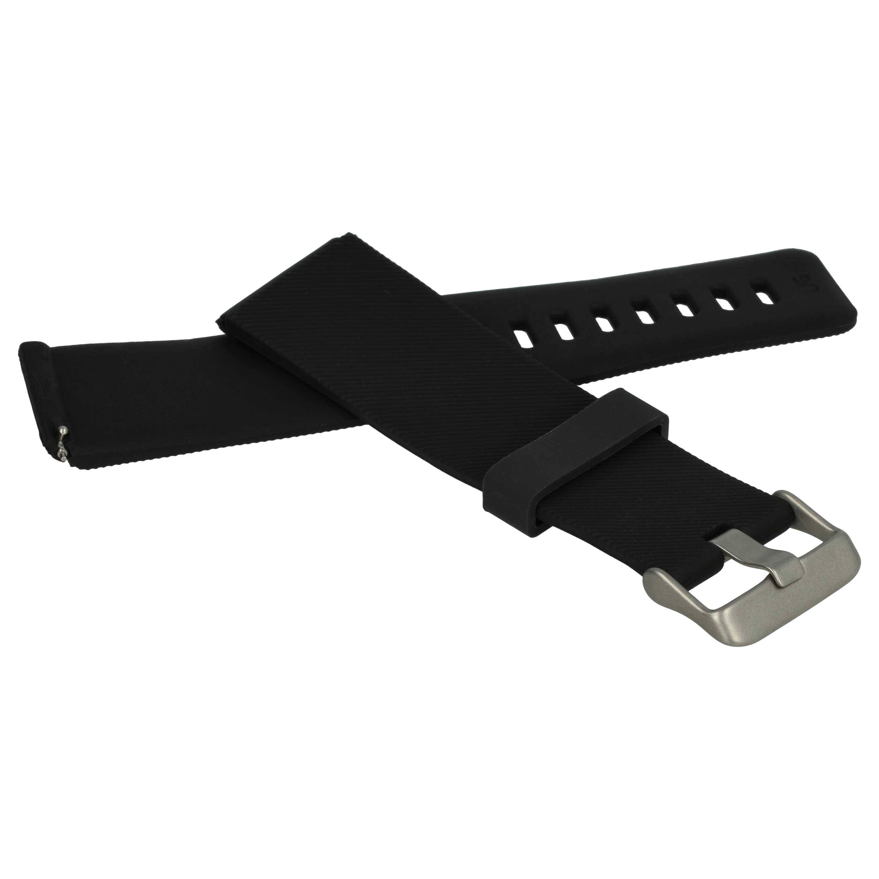 Schwarzes Silikonarmband mit silberner Schnalle, von der Seite gezeigt mit einem Ende, das leicht über das andere überlappt.