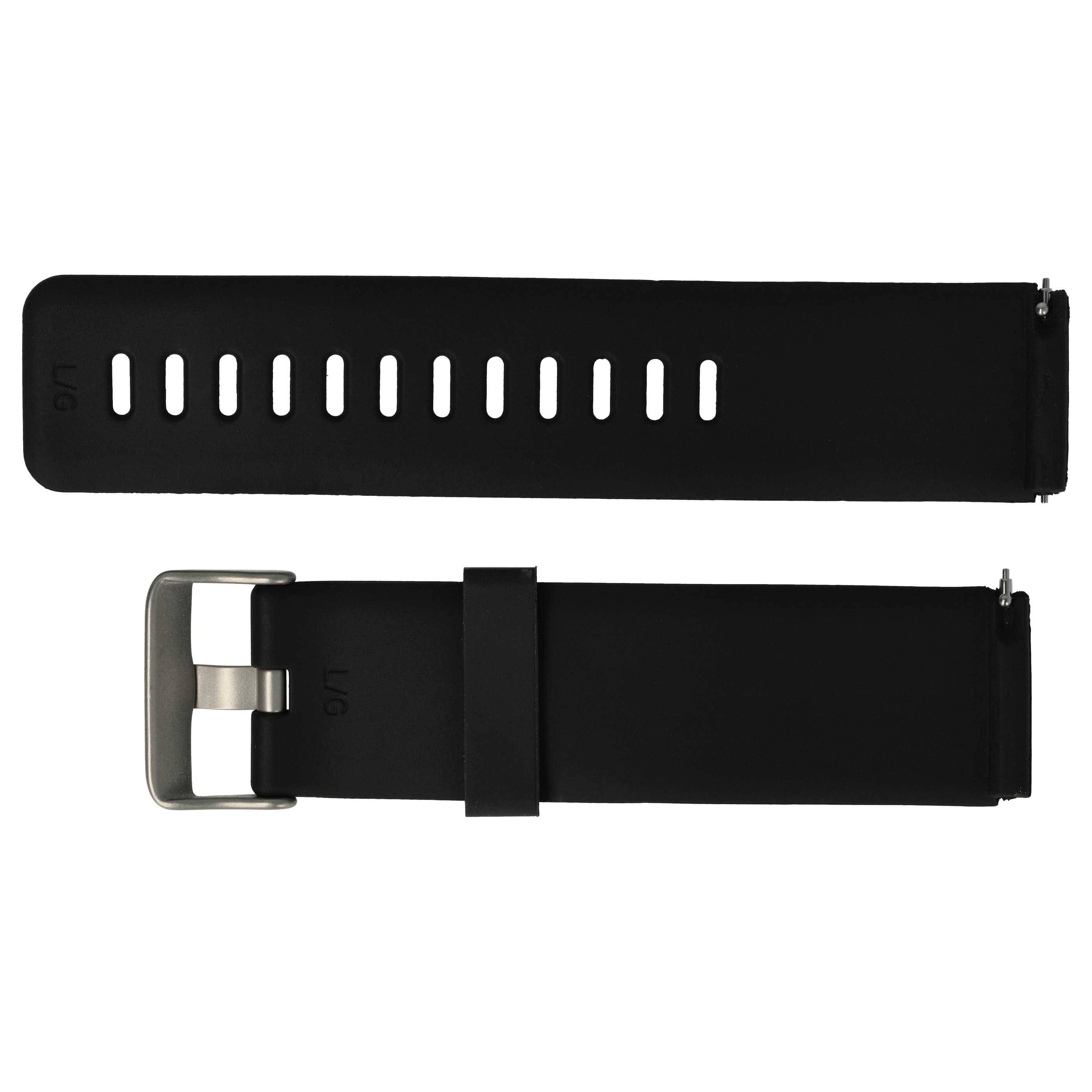 Schwarzes, verstellbares Silikon-Uhrenarmband mit silberner Schnalle und mehreren Löchern zur Größeneinstellung.