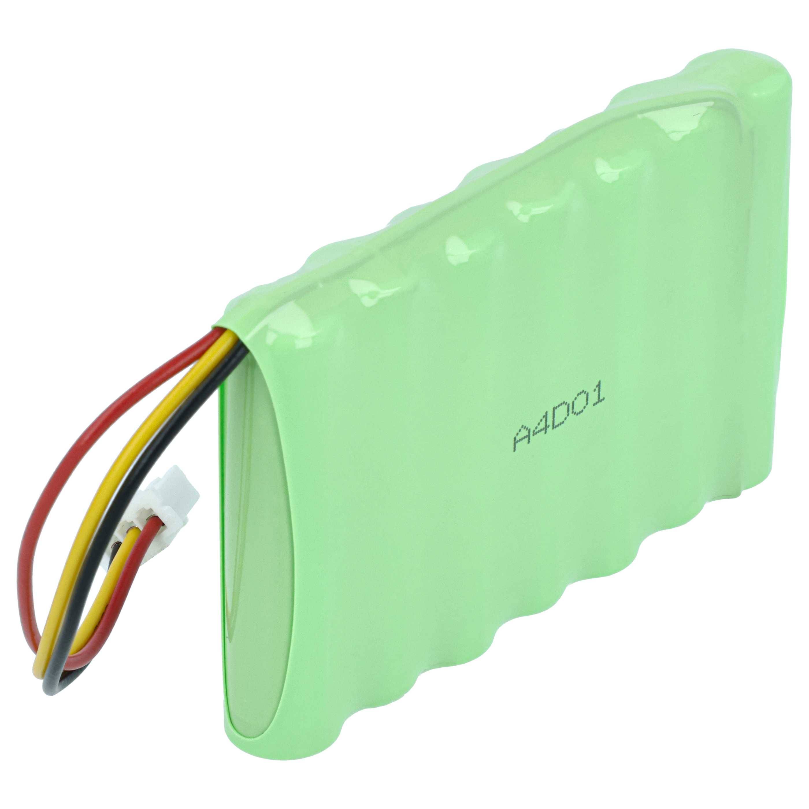 Grüner wiederaufladbarer Akku mit angebrachten roten, gelben, schwarzen und weißen Drähten und Stecker.