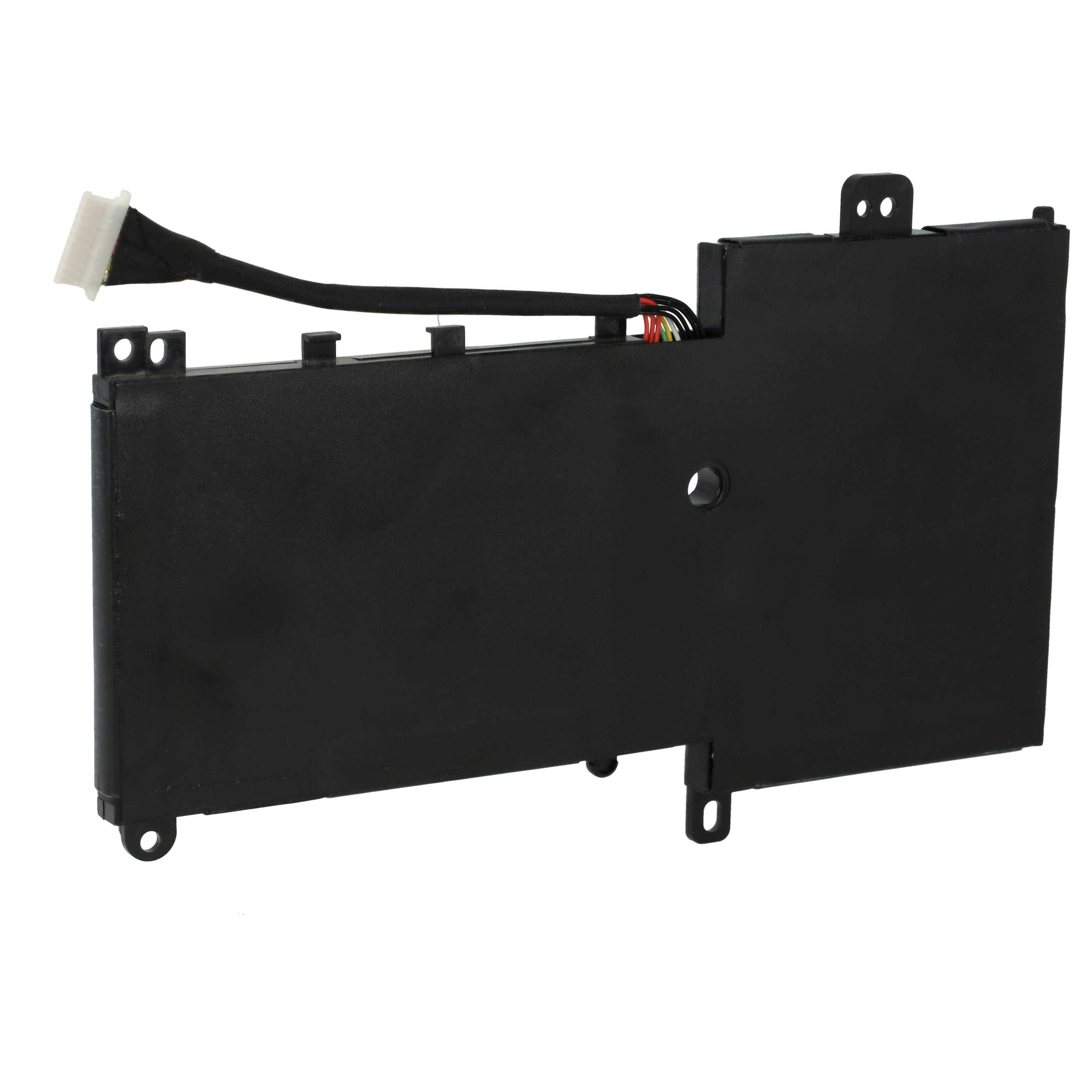 Schwarze Laptop-Batterie mit mehreren Zellen, die durch Verdrahtung verbunden sind. Sie hat einen weißen Anschluss an einem Ende zum Anschließen an das Gerät.