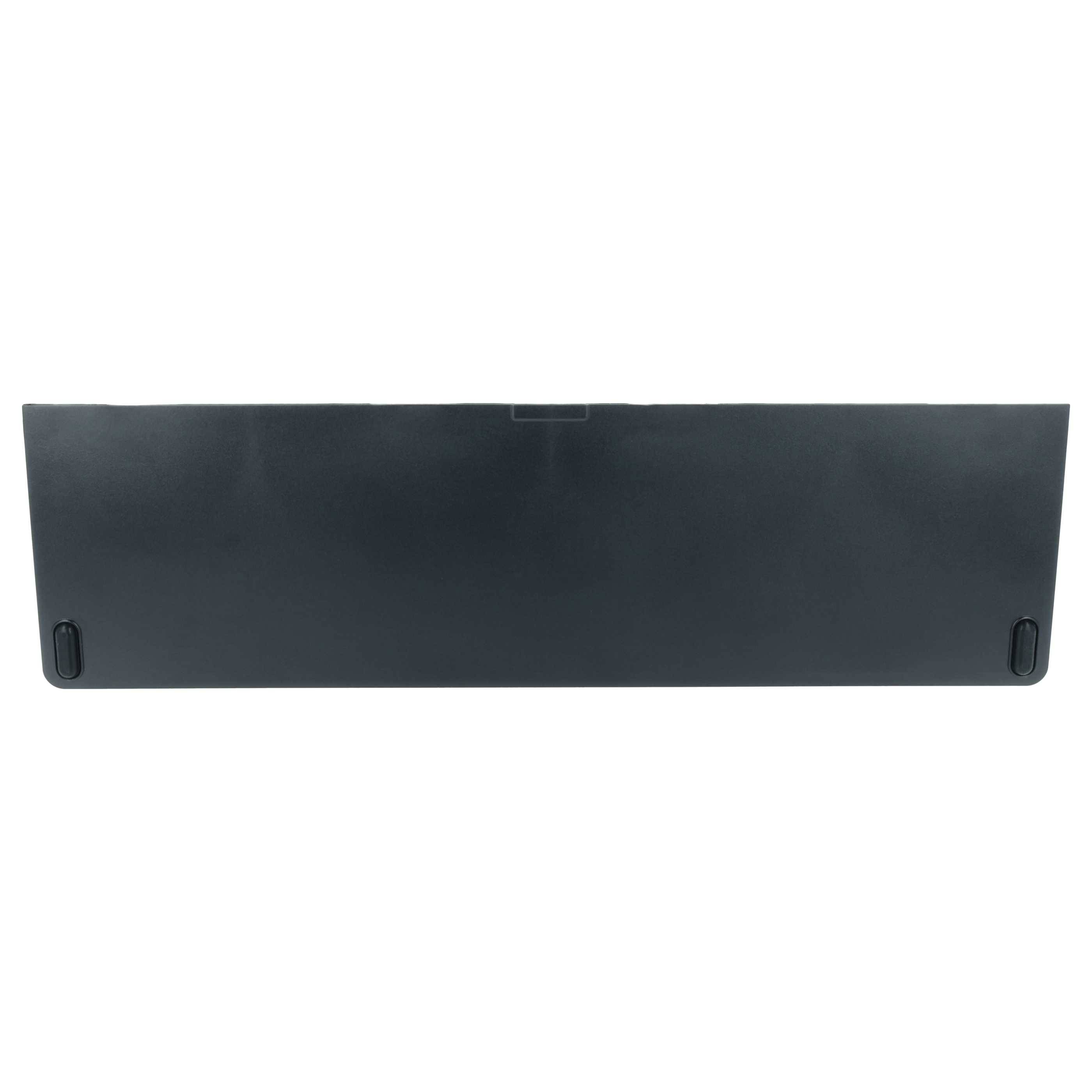 Eine schwarze, rechteckige Kunststoff-Handgelenkstütze für die Tastatur, von vorne betrachtet, mit einer glatten Oberseite und Gummigriff-Abschnitten an der Unterseite.