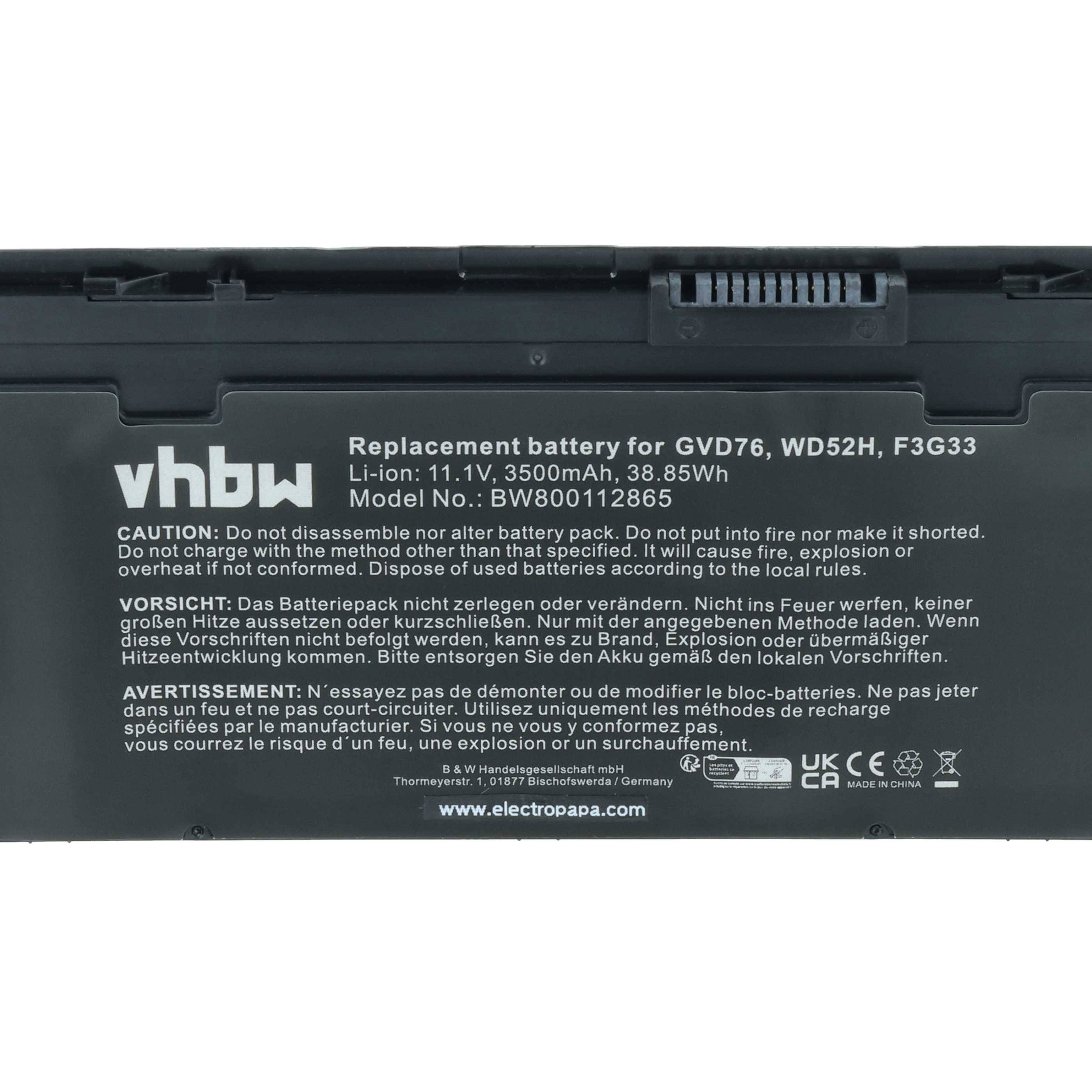 vhbw Akku kompatibel mit Dell 451-BBFT, 451-BBFV, KWFFN, J31N7, F3G33, 451-BBFY Notebook (3500 mAh, 11,1 V, Li-Ion)