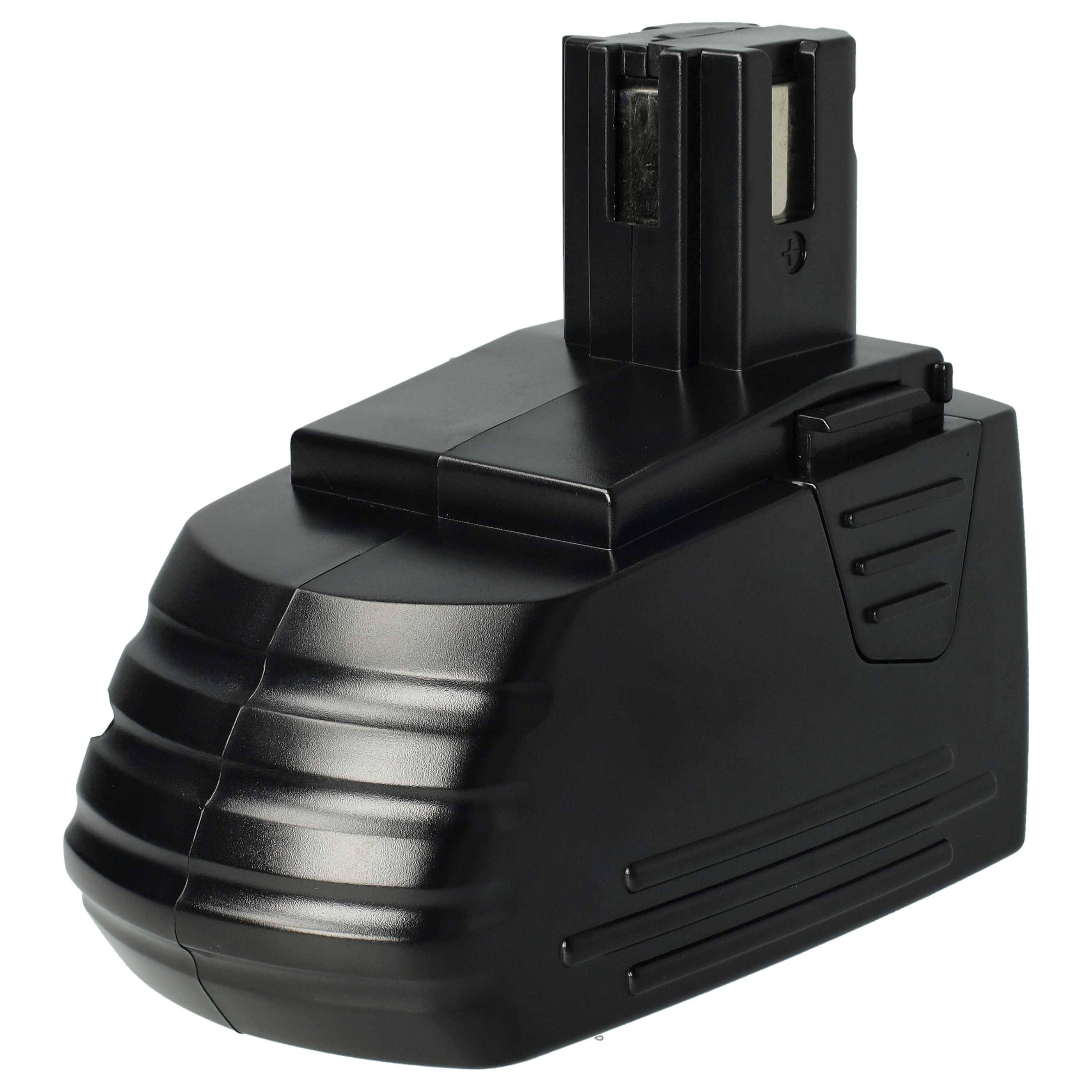 Eine schwarze Elektrowerkzeug-Batterie mit geripptem, rechteckigem Design, kompatibel mit verschiedenen kabellosen Werkzeugen, auf einem einfachen weißen Hintergrund dargestellt.