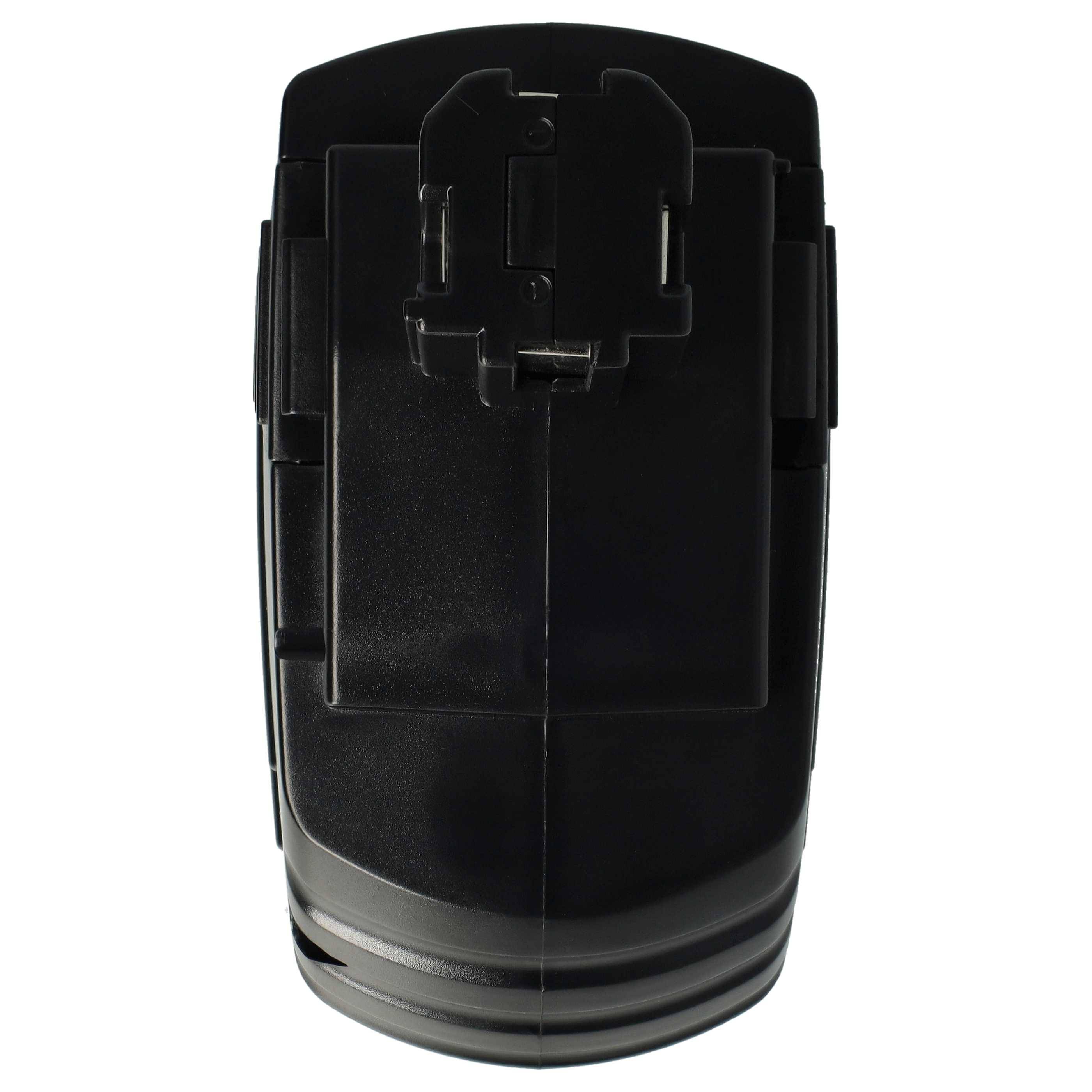 Akkupack für kabelloses Elektrowerkzeug, schwarz, von oben betrachtet, zeigt Anschlüsse und ergonomisches Design für einfache Handhabung.