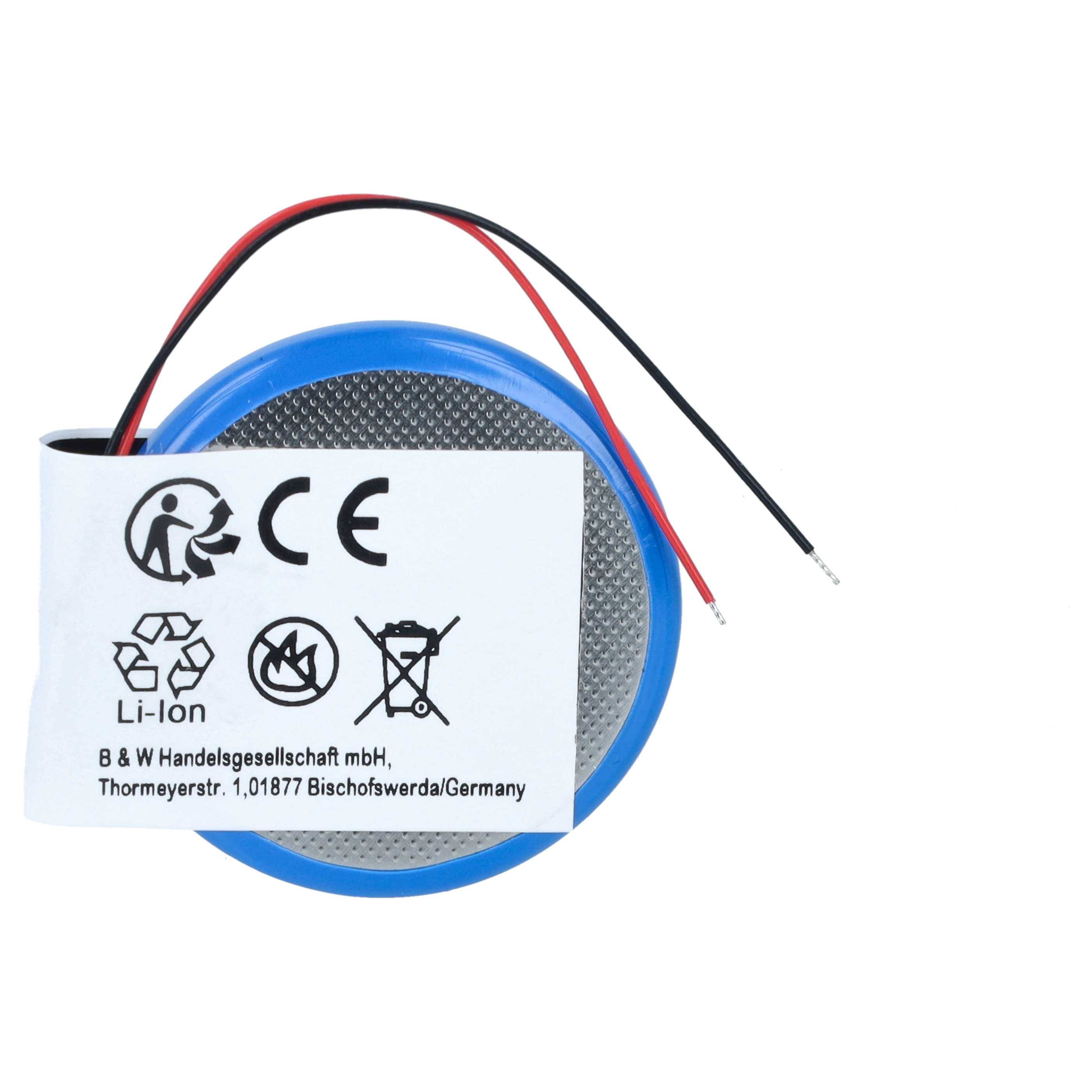 Kleine blaue Lithium-Ionen-Batterie mit roten und schwarzen Anschlussdrähten und einem Sicherheitsetikett mit CE- und Recycling-Symbolen.