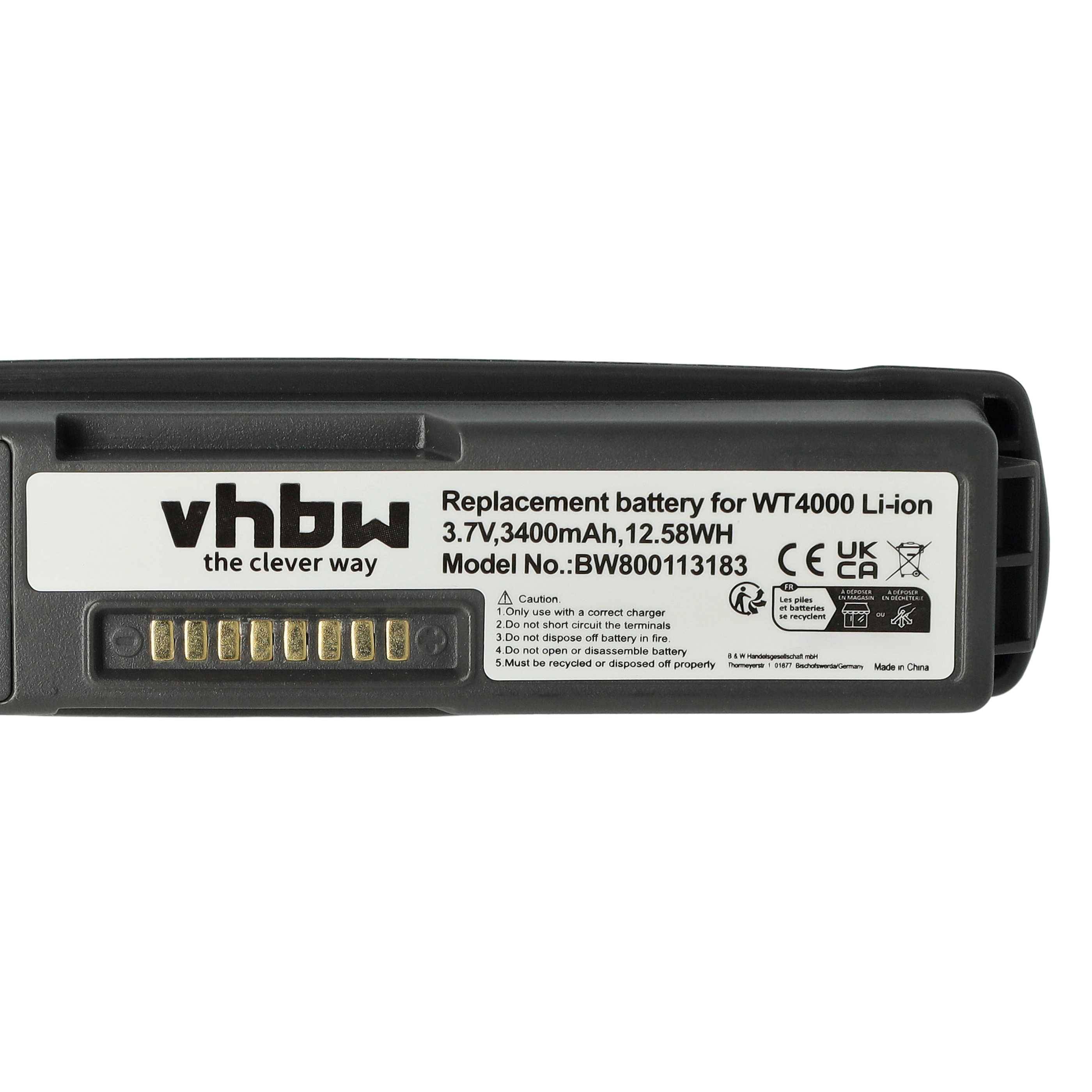 Ersatzbatterie für WT4000 Li-Ion, Modell BW800113183, 3,7V, 3400mAh, 12,58Wh, schwarz, zeigt Marke 'vhbw' mit Regulierungssymbolen.
