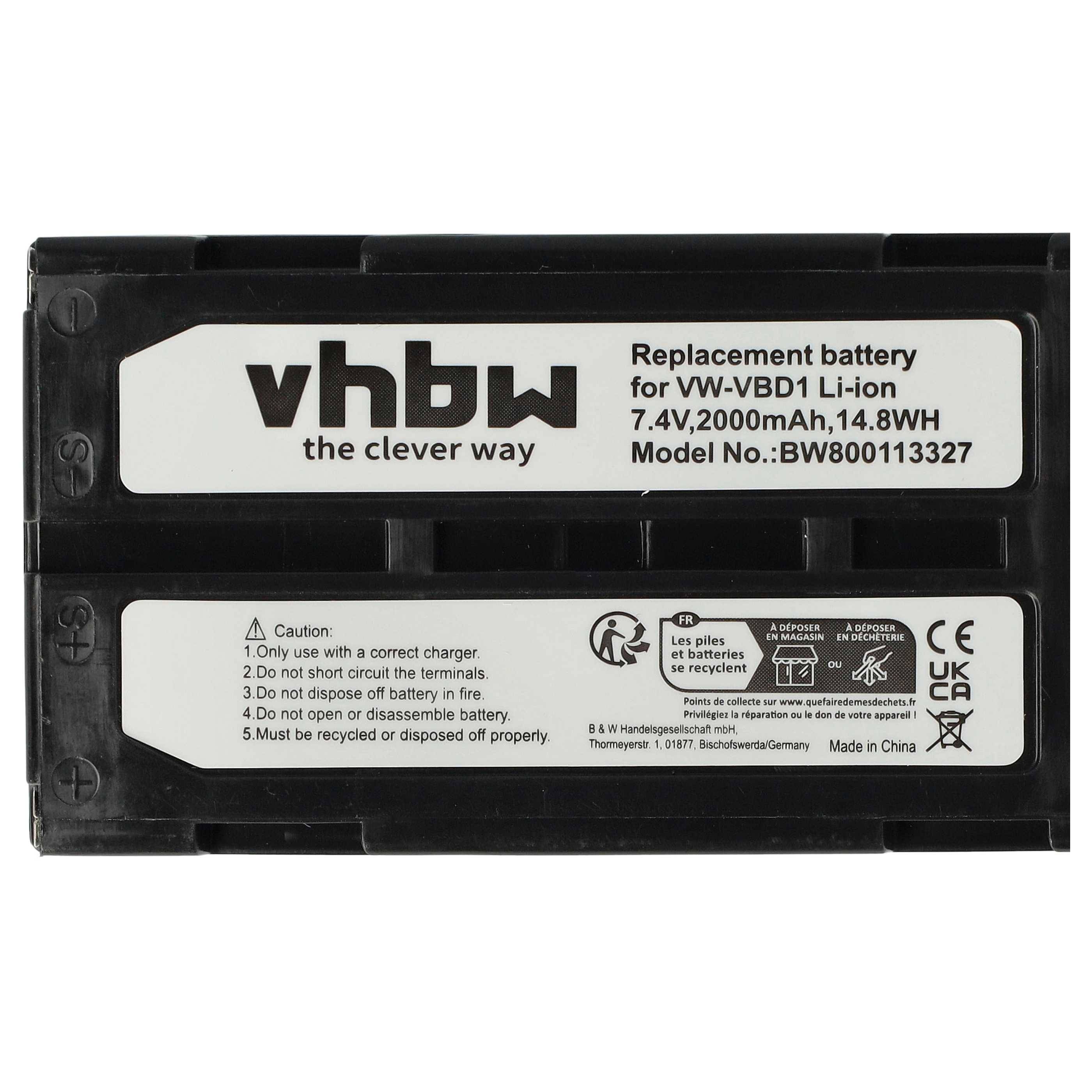 Schwarzer Ersatzakku mit der Bezeichnung 'vhbw' für VW-VBD1 Li-Ionen-Kamera, 7,4V 2000mAh 14,8Wh, mit Sicherheitswarnungen und Zertifizierungszeichen.