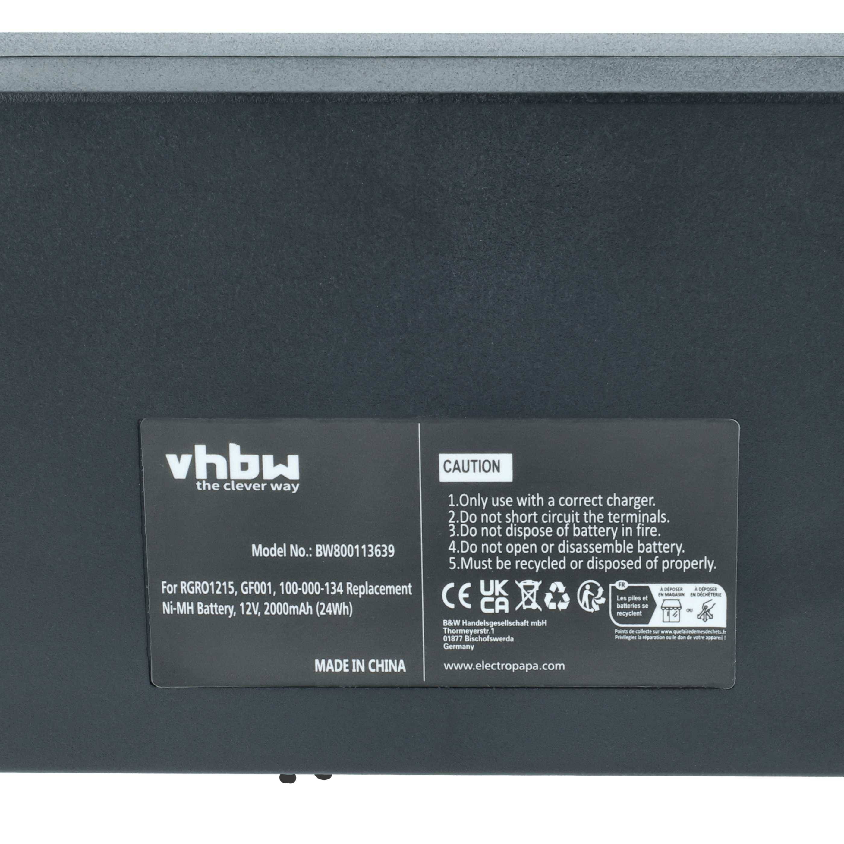 vhbw' Etikett auf einer Batterie mit Warnhinweisen: Nicht kurzschließen, nicht Feuer aussetzen, 12V, 2000mAh. Hergestellt in China.