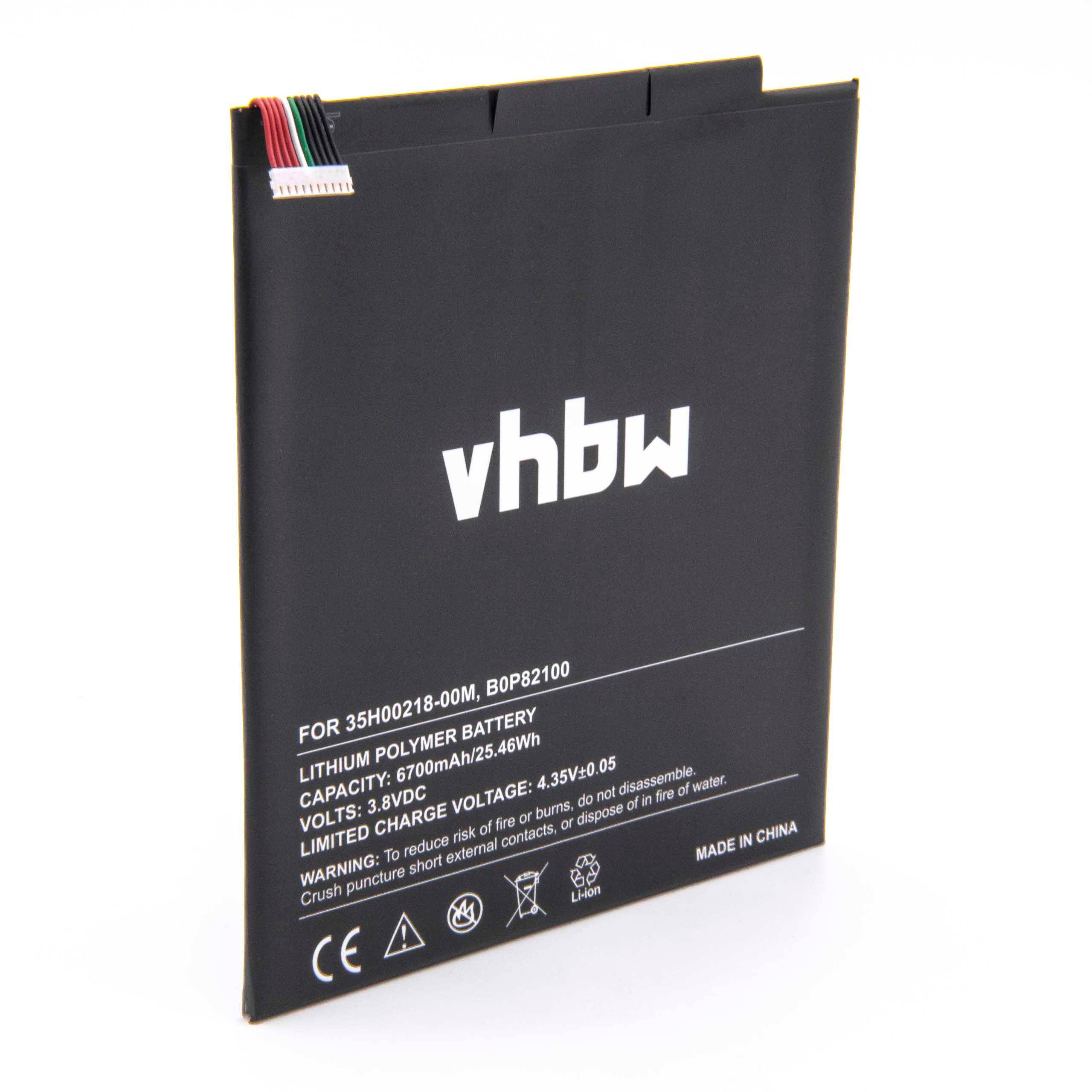 Eine schwarze Lithium-Polymer-Batterie mit der Bezeichnung 'vhbw' und einer Kapazität von 6700mAh, 24,85Wh, 3,7V, mit Warnhinweis und dünnen Anschlusskabeln.