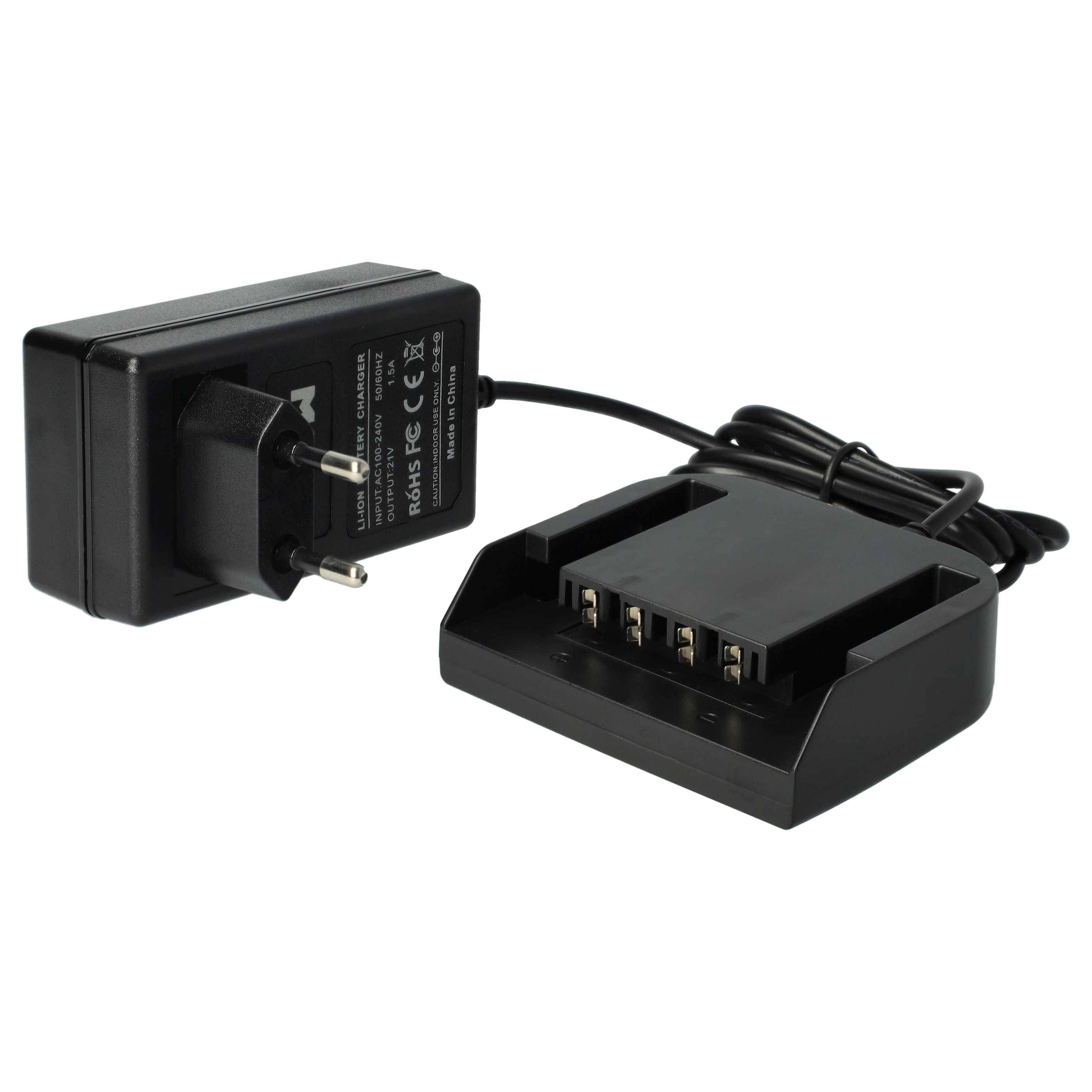 Schwarzes Batterieladegerät mit europäischem Zweipolstecker und Dockingstation, geeignet zum gleichzeitigen Laden mehrerer Batterien.