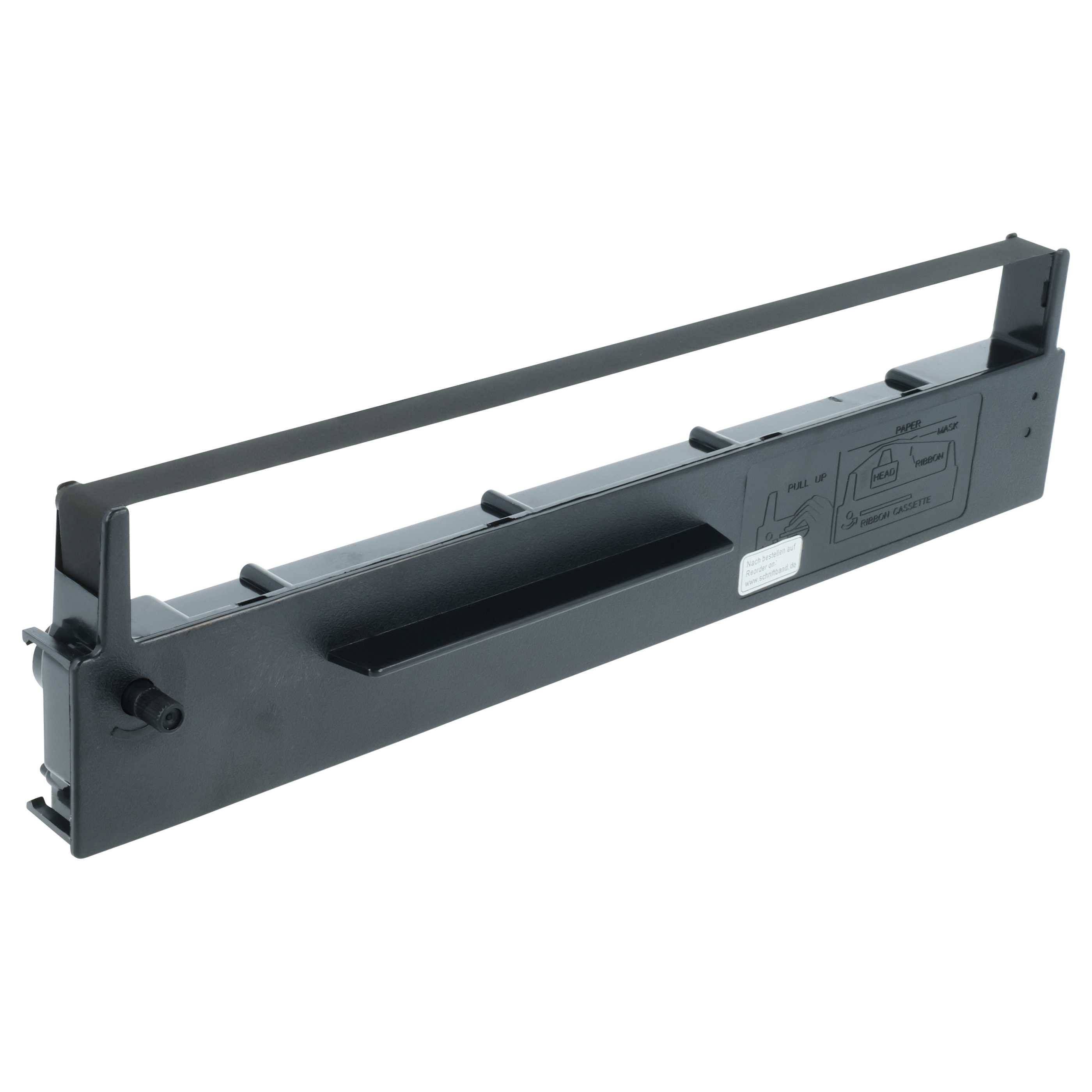 Schwarze Druckerbandkassette für Nadeldrucker, rechteckige Form mit seitlichen Haken und einem transparenten Fenster, das das Farbband im Inneren sichtbar macht.