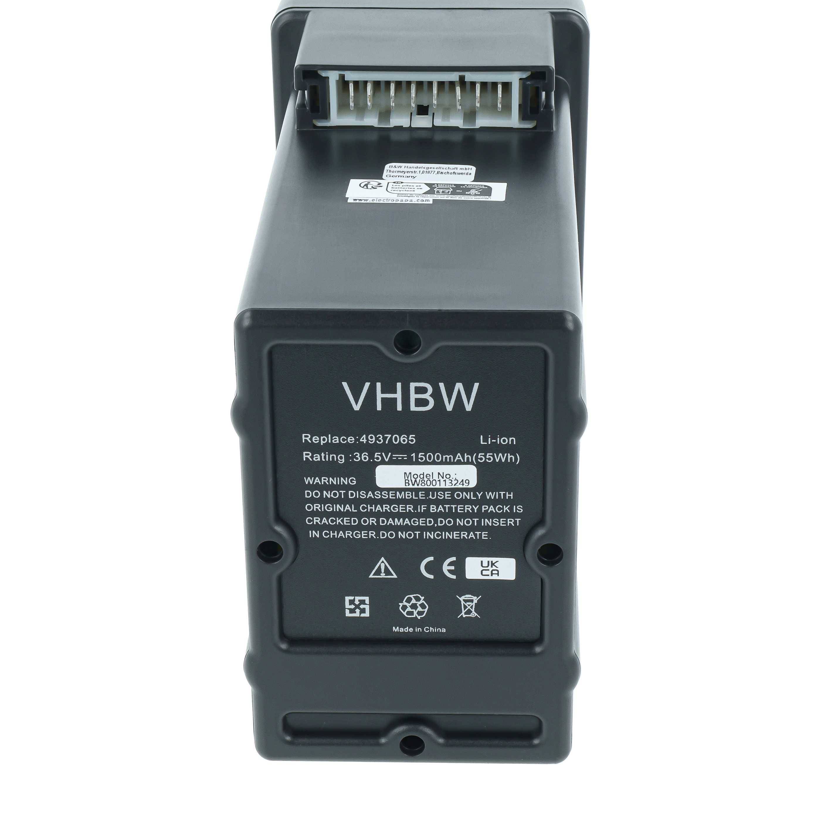 Schwarzes VHBW Li-Ionen-Akkupack mit Steckeranschlüssen, gekennzeichnet mit 36,5V 1500mAh als Ersatzteil 4937065.
