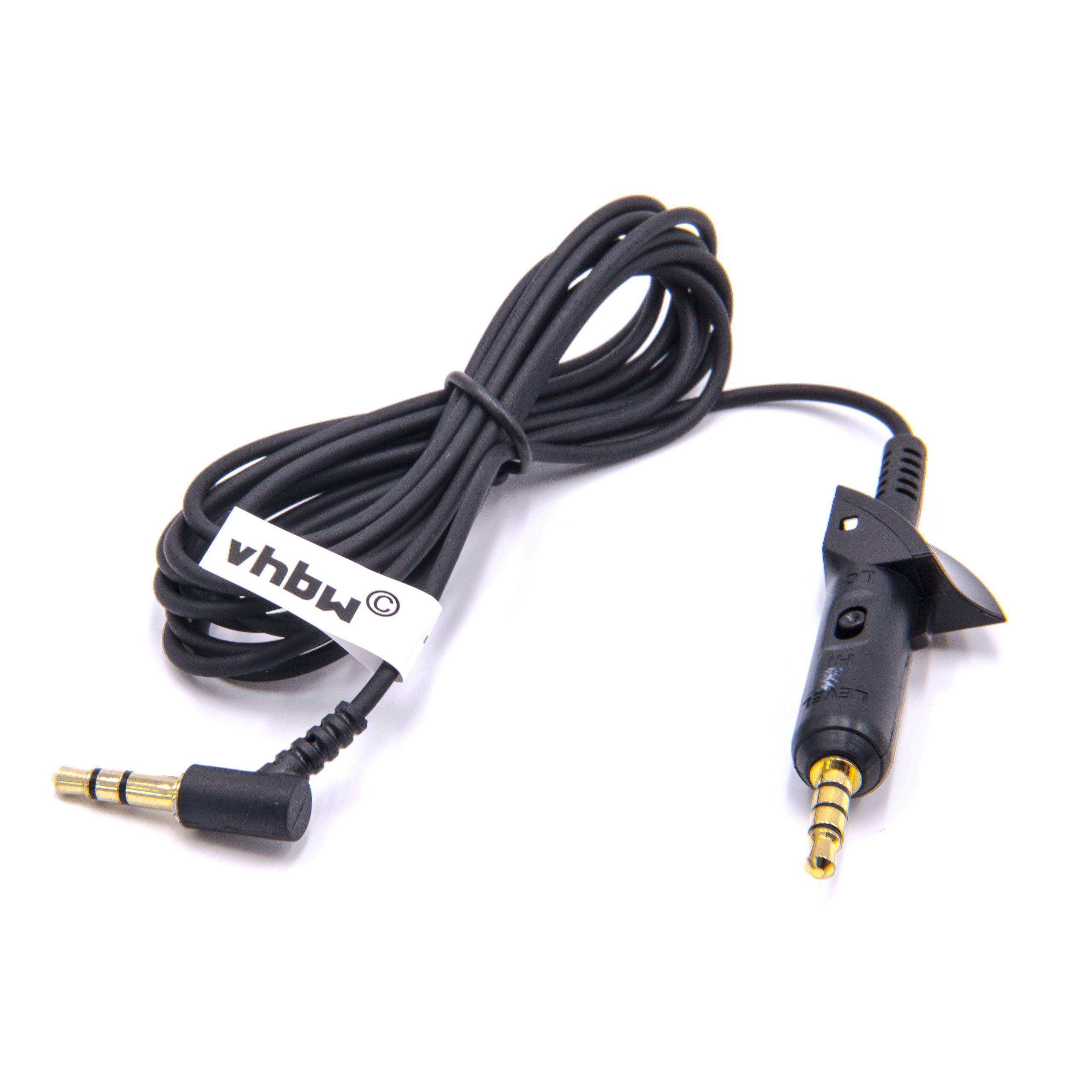 Schwarzes Audiokabel mit 3,5-mm-Steckern auf beiden Seiten, ein abgewinkelter rechtwinkliger Stecker und ein gerader Stecker mit Clip, gekennzeichnet mit „vhbw