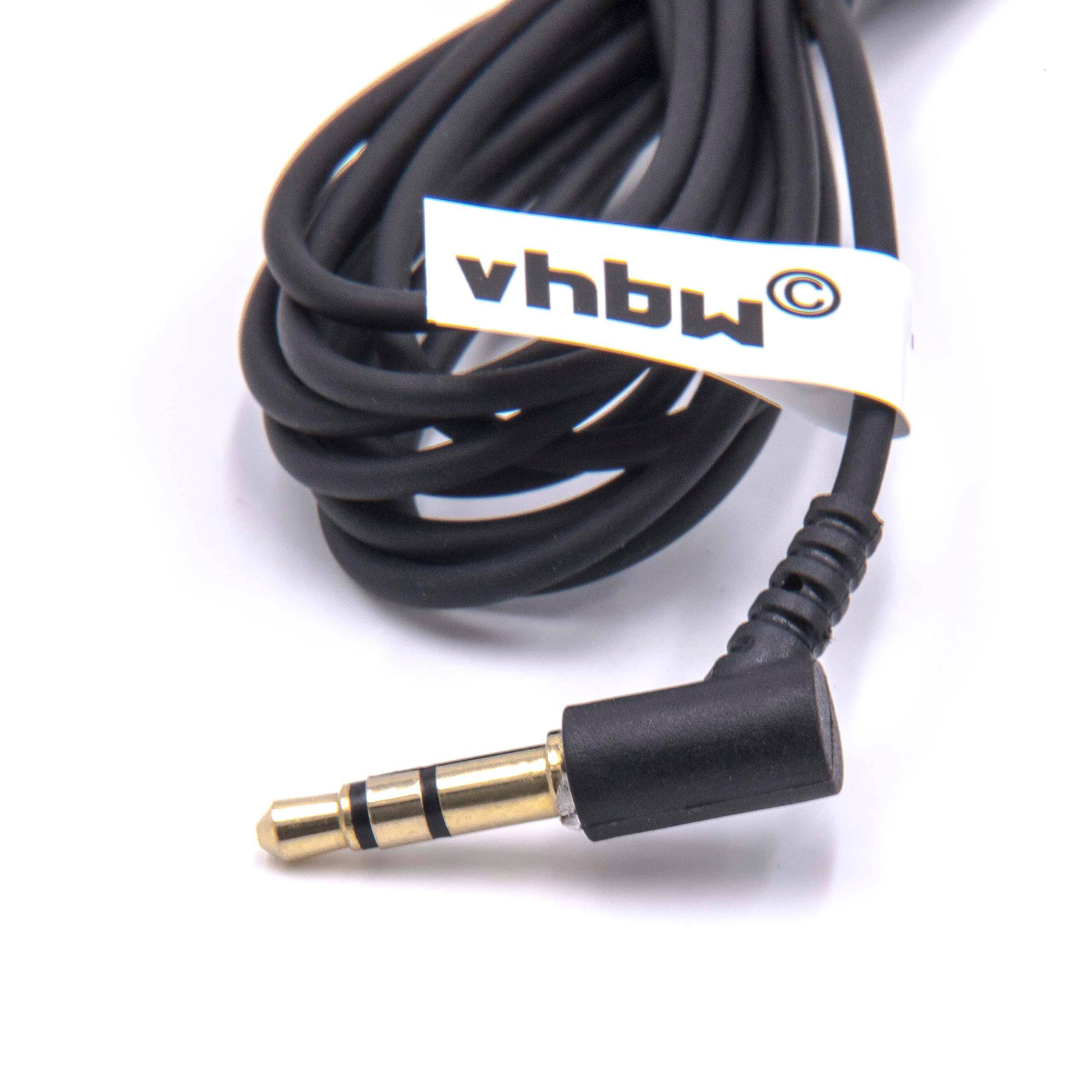 Aufgerolltes schwarzes Audiokabel mit einem gewinkelten 3,5-mm-Stecker und vhbw-Etikett auf weißem Hintergrund.