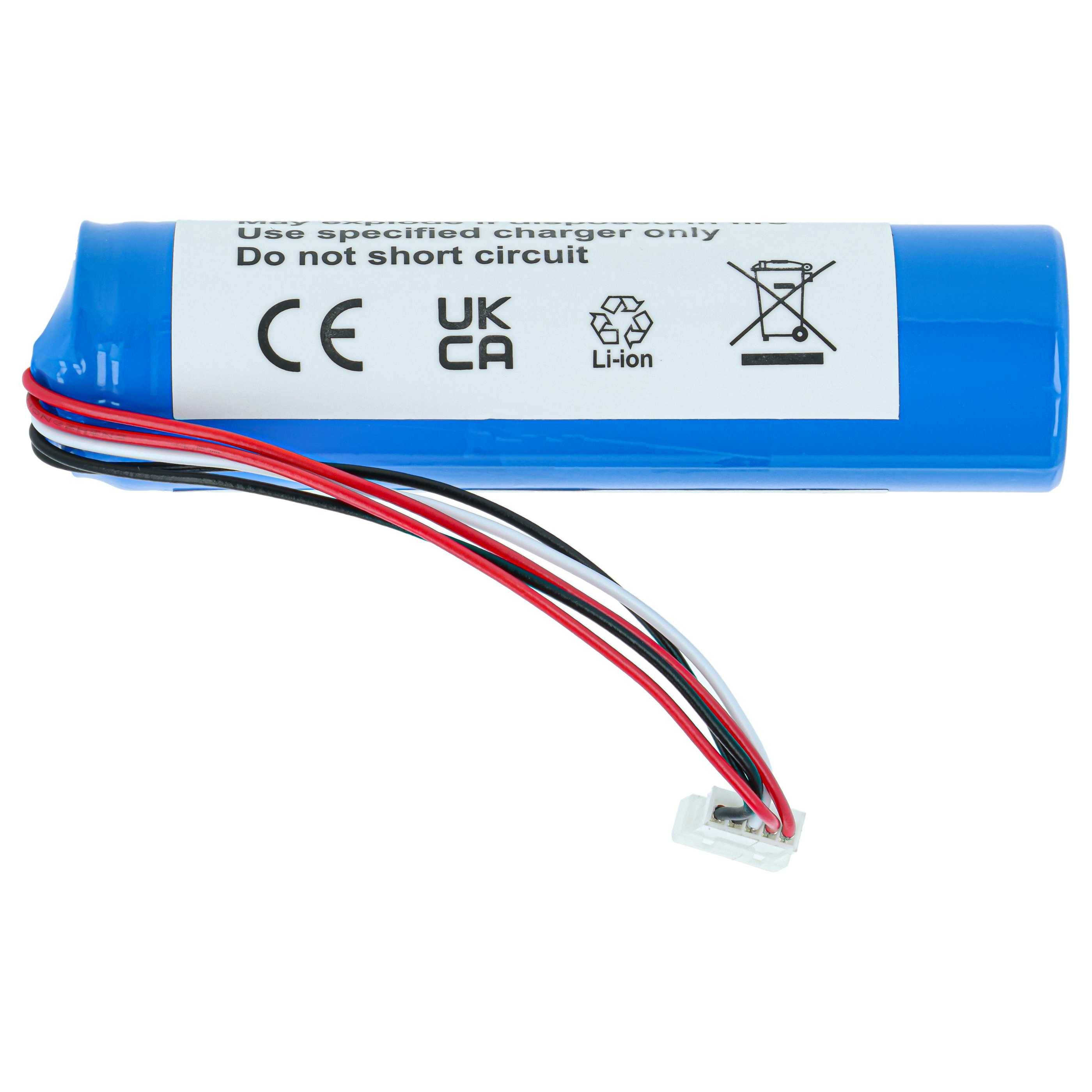 Eine blaue zylindrische Lithium-Ionen-Batterie mit schwarzen, roten und weißen Drähten, beschriftet mit „Nur das angegebene Ladegerät verwenden. Nicht kurzschließen.