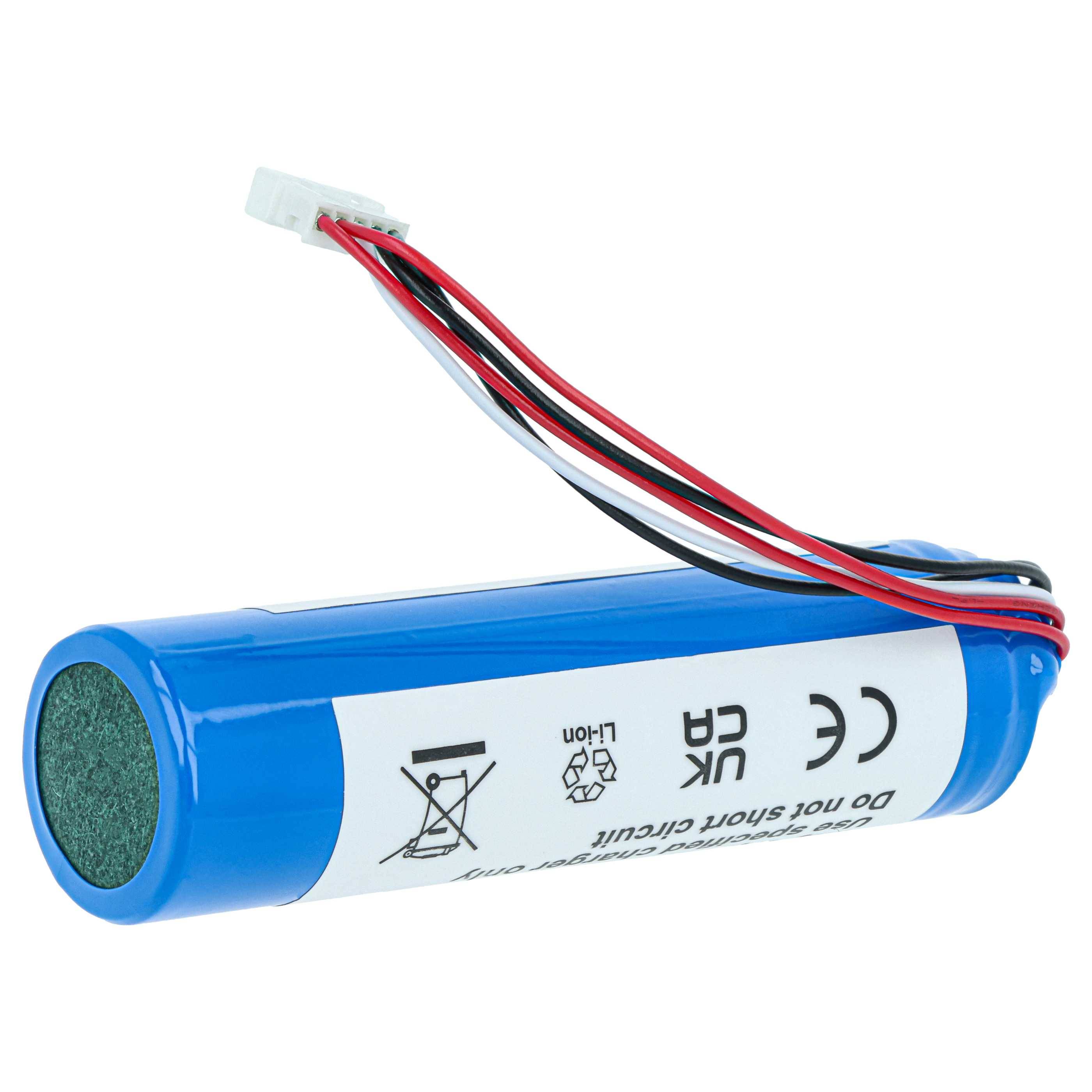 Eine blaue zylindrische Batterie mit angebrachten Drähten und einem weißen Etikett mit Sicherheitssymbolen, Produktspezifikationen und Recyclinginformationen.