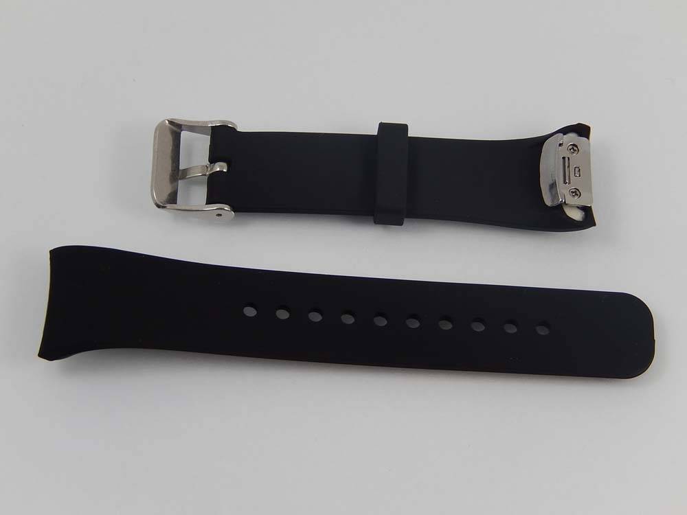 Ein schwarzes Smartwatch-Armband ist abgelöst und zeigt sowohl das Schnallenende als auch das gelochte Band auf einem einfachen weißen Hintergrund.